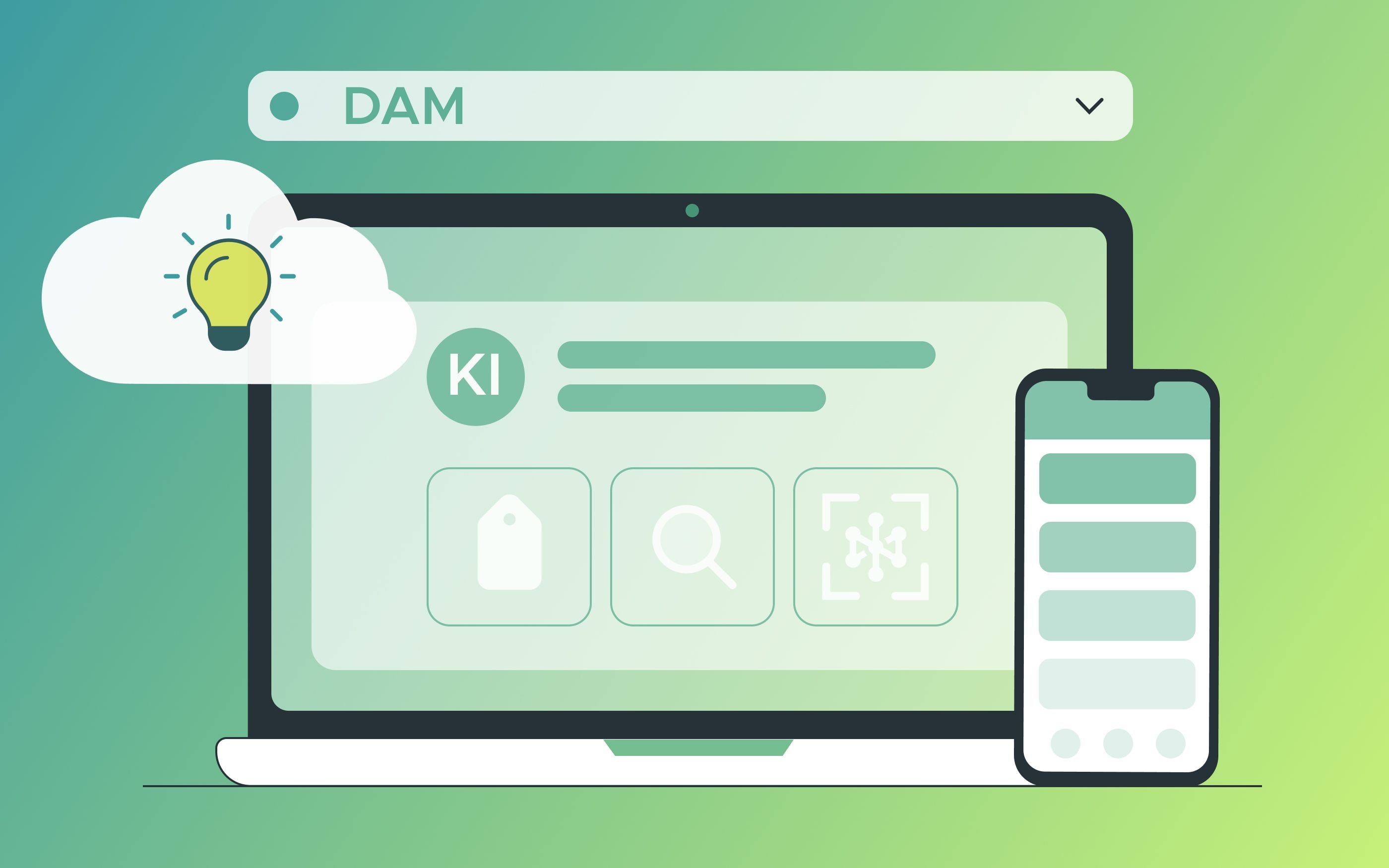 Illustration eines Laptops und eines Smartphones mit Benutzeroberflächen für die Verwaltung digitaler Assets (DAM). Auf dem Laptop sind KI-Elemente wie Tags, Suchfunktionen und Symbole für die automatische Erkennung zu sehen. Links schwebt eine Wolke mit einer Glühbirne, die Ideen oder intelligente Funktionen symbolisiert. Grüner Farbverlauf im Hintergrund.