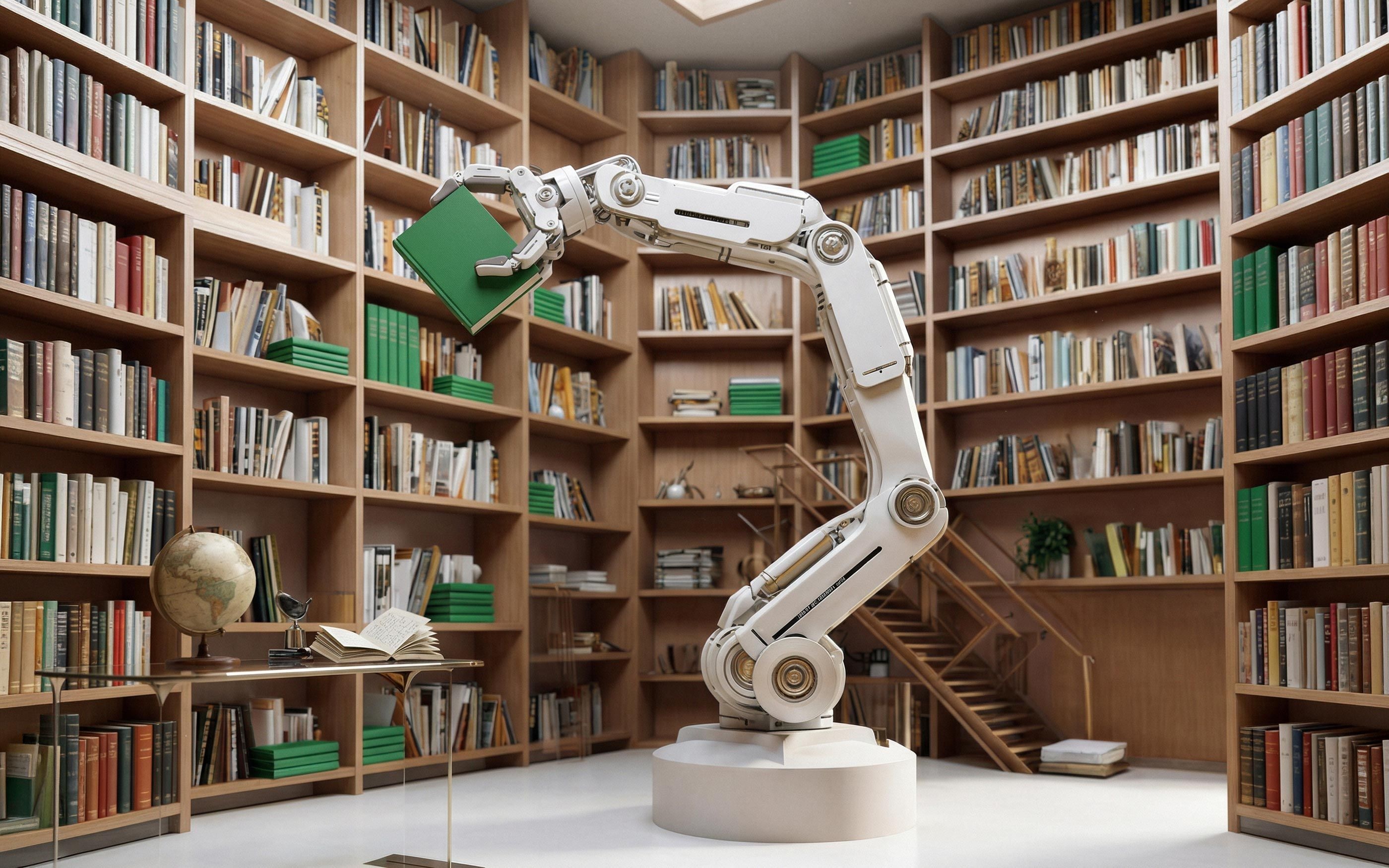 A large robotic arm stands in a modern, wood-paneled library and pulls a green book from a shelf. Surrounding the arm are numerous floor-to-ceiling bookshelves, a table with an open book and a globe, and a small staircase leading to a higher level.