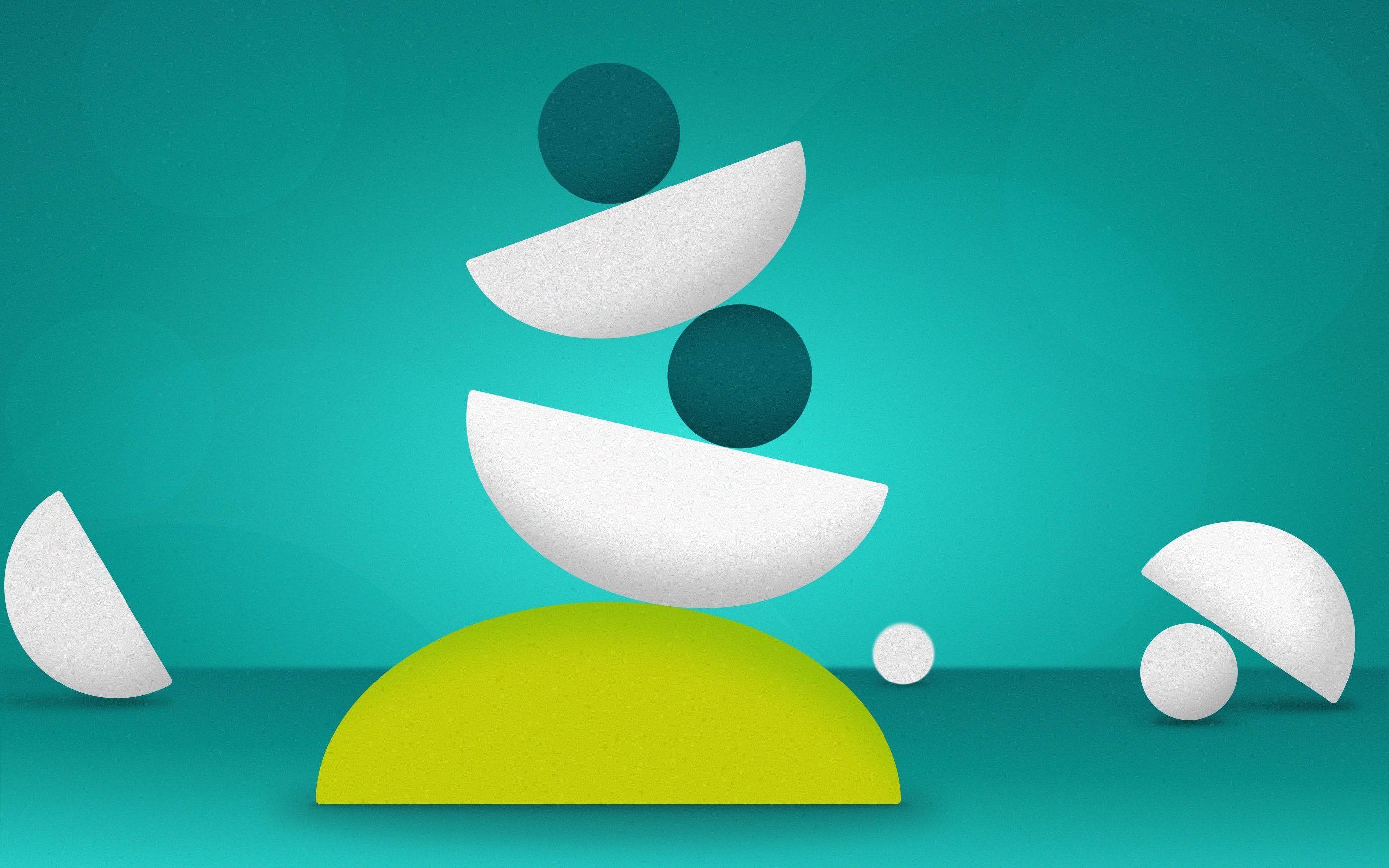 Illustration made up of geometric shapes: A yellow semicircular shape forms the base. On top of this, two white semicircular elements and two dark turquoise spheres are arranged in a balanced, slightly slanted stacking structure. To the left and right, additional semicircles and spheres lie loosely on the surface.