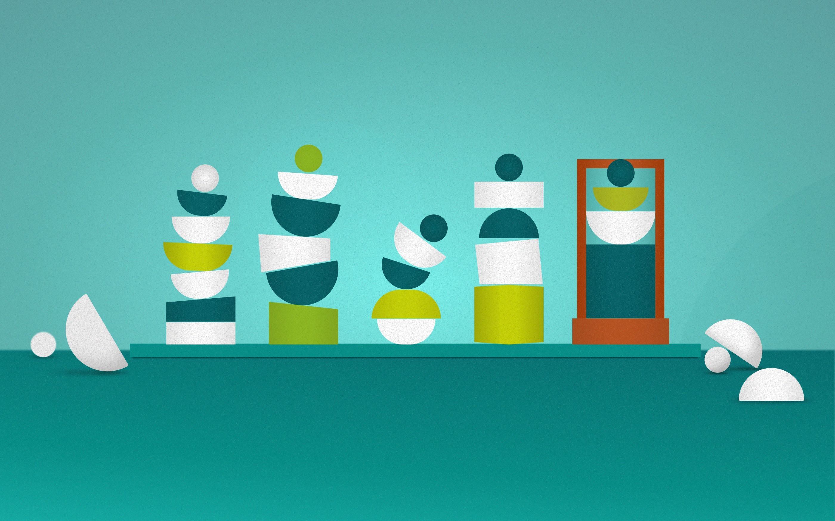 Illustration of several colorful stacked figures composed of semicircular and cylindrical shapes in shades of green, blue, and white. The objects stand next to each other on a surface, some balanced precariously, while on the right a figure stands in a rectangular frame. Individual, unstacked shapes lie on the left and right.