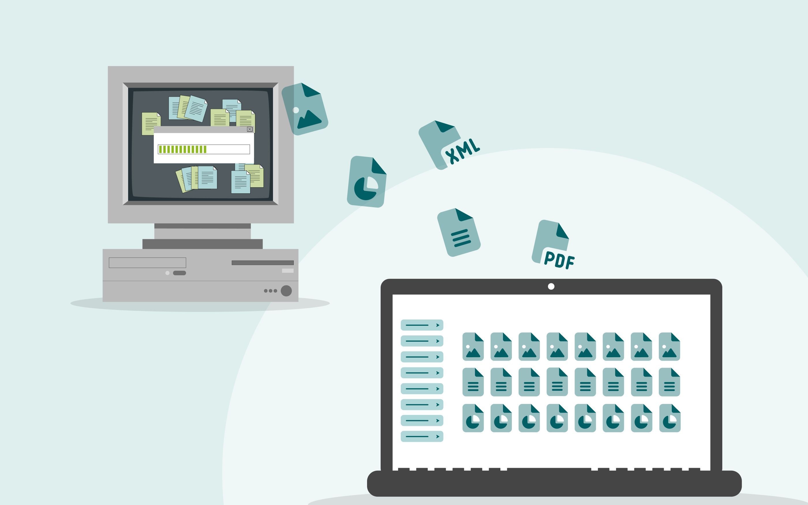 Illustration of data transfer from an old desktop computer to a modern laptop – files flying through the air, icons for documents, images, presentations, XML, and PDF visible