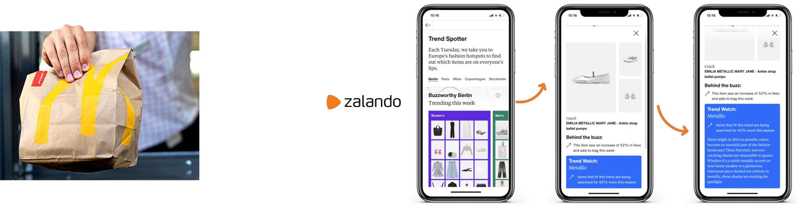 Links eine Hand, die eine McDonald’s-Papiertüte überreicht (personalisierte Bestellungen). Rechts drei Smartphone-Screens der Zalando-App, die Trend-Spotter-Funktion zeigt – von einer Übersicht aktueller Modetrends bis zu detaillierten Produktinformationen mit Trendanalysen.