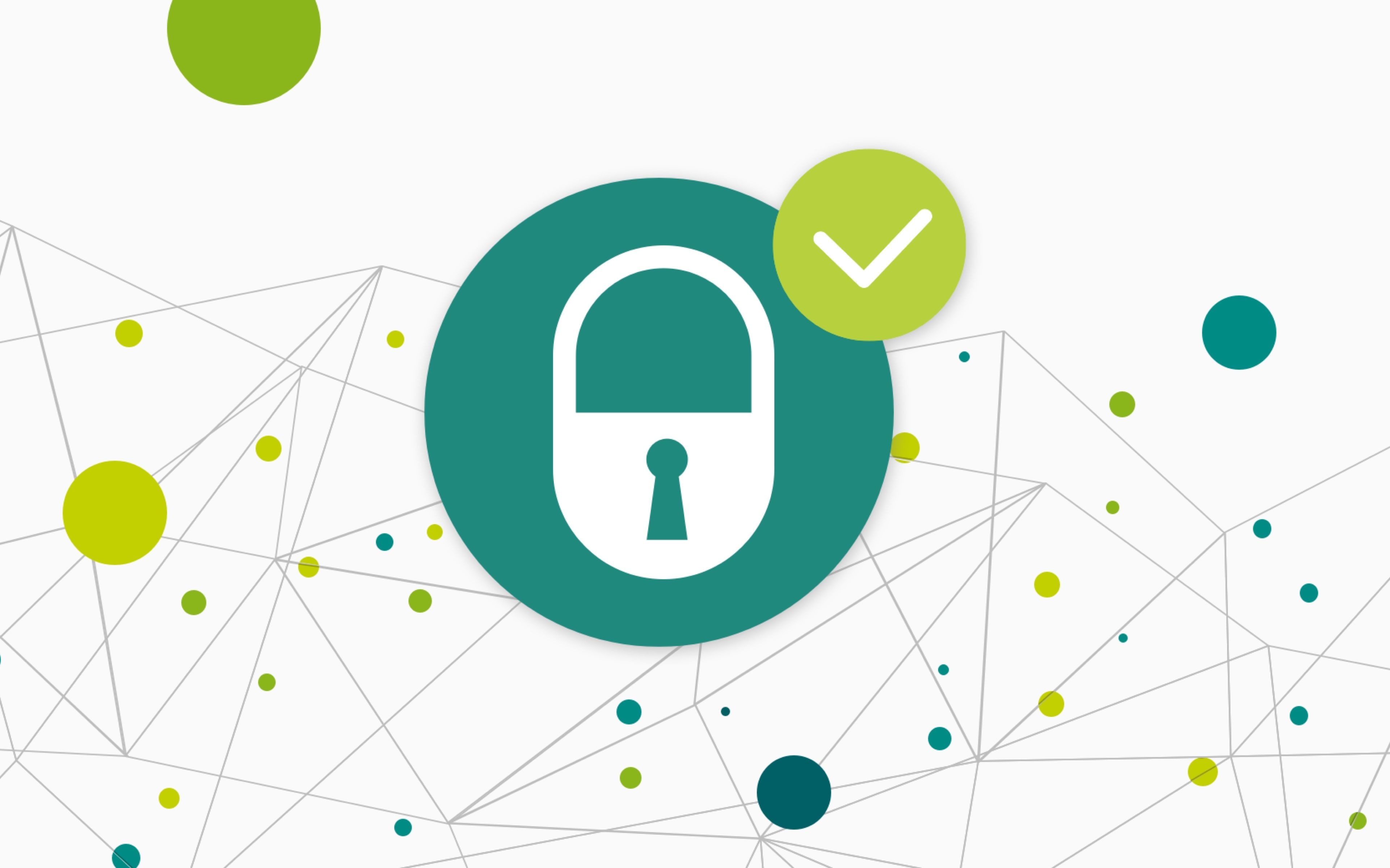 Grafik mit verschiedengroßen Kreise, die mit Linien verbunden sind. In der Mitte ein großer Kreis mit einem Schloss Symbol und einem Symbol für Erledigt.