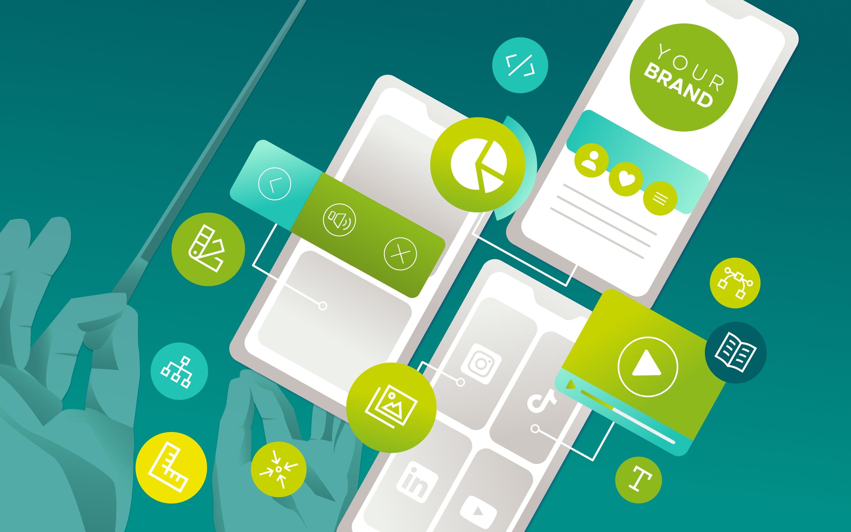 Illustration eines digitalen Design‑Systems: Mehrere stilisierte Smartphone‑Bildschirme mit Icons für Diagramme, Medien, Layout‑Elemente, Text und Branding schweben über zwei abstrahierten Händen. Rund um die Geräte sind zusätzliche Symbole für Benutzeroberflächen‑Elemente, Navigation und Designprozesse angeordnet. Die Farbpalette besteht aus Grün-, Blau- und Türkistönen.