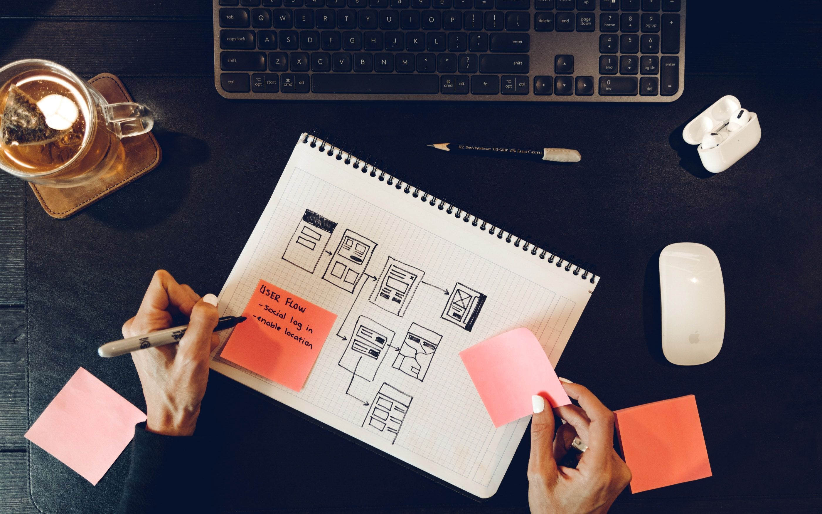 A bird's-eye view of a person's hands sitting at a desk, surrounded by a keyboard, a mouse, a glass of tea, sticky notes, and AirPods, drawing a workflow on a piece of paper.