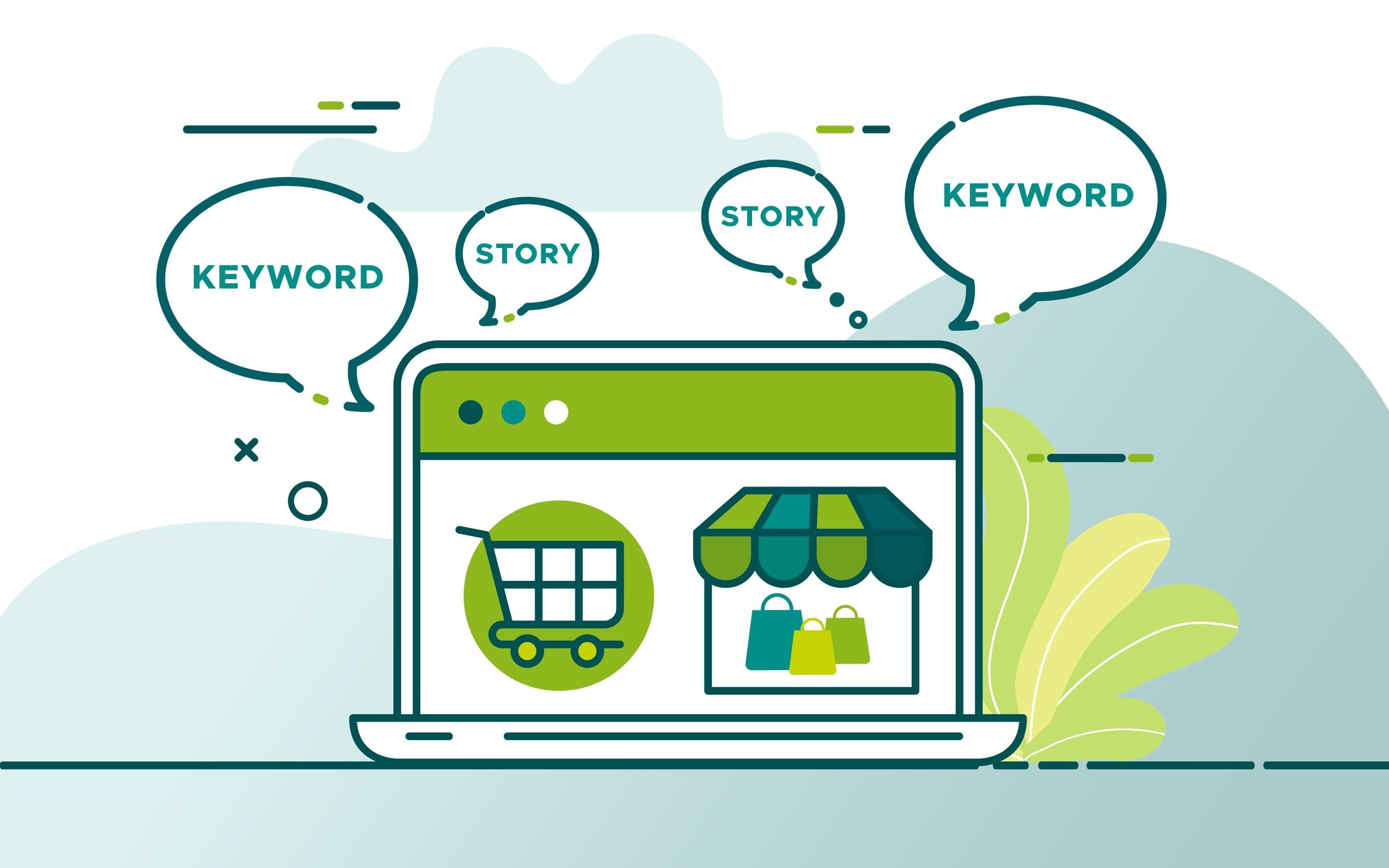 Grafik Laptop mit Gedankenblasen zu Story und Keywords