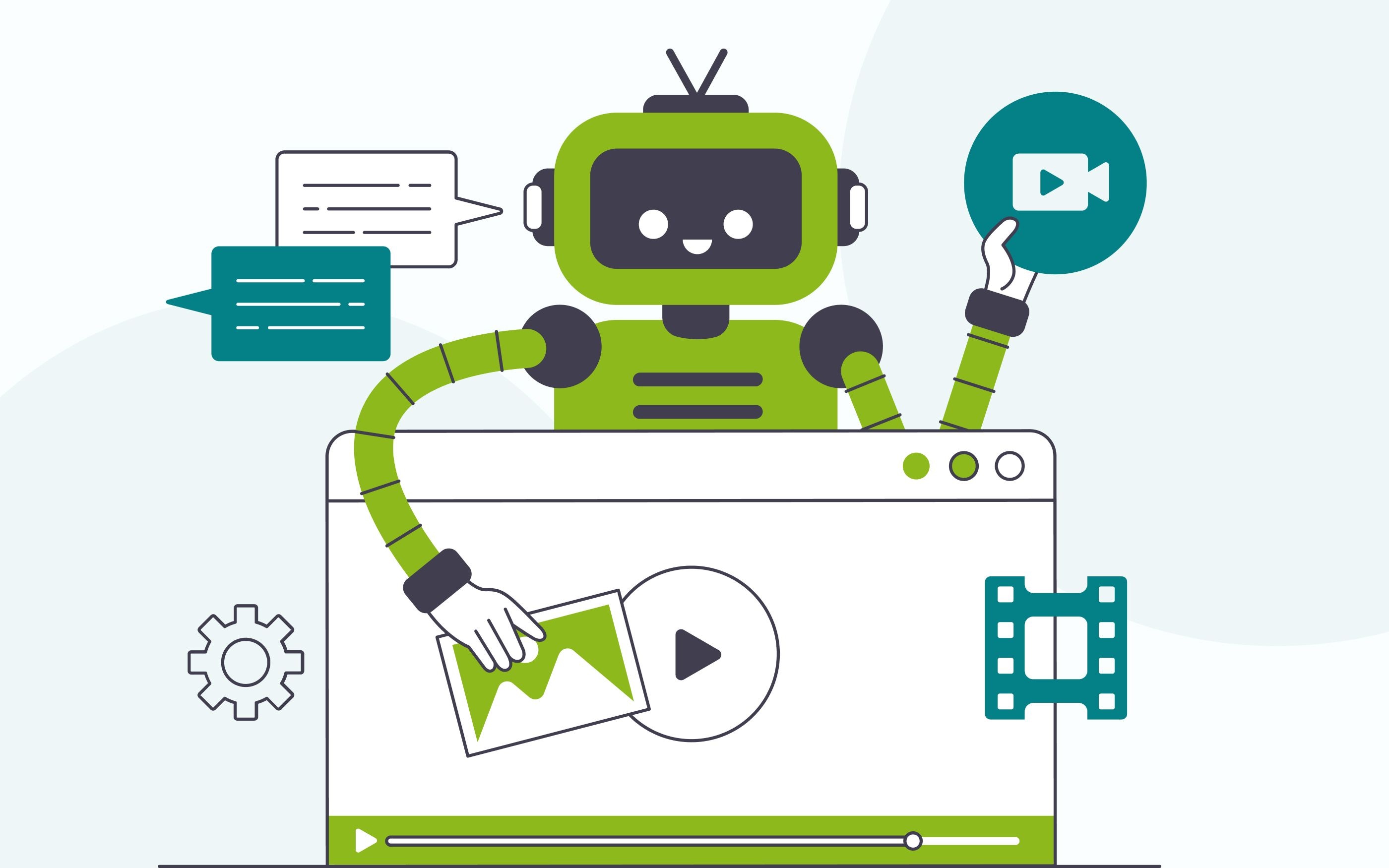 Illustration of a green robot peeking out from behind a large screen. The screen shows a video player window with a play button. The robot is holding an image icon in one hand and a round icon with a video camera symbol in the other. Around him are other graphic symbols such as speech bubbles, a gear, and a film strip.