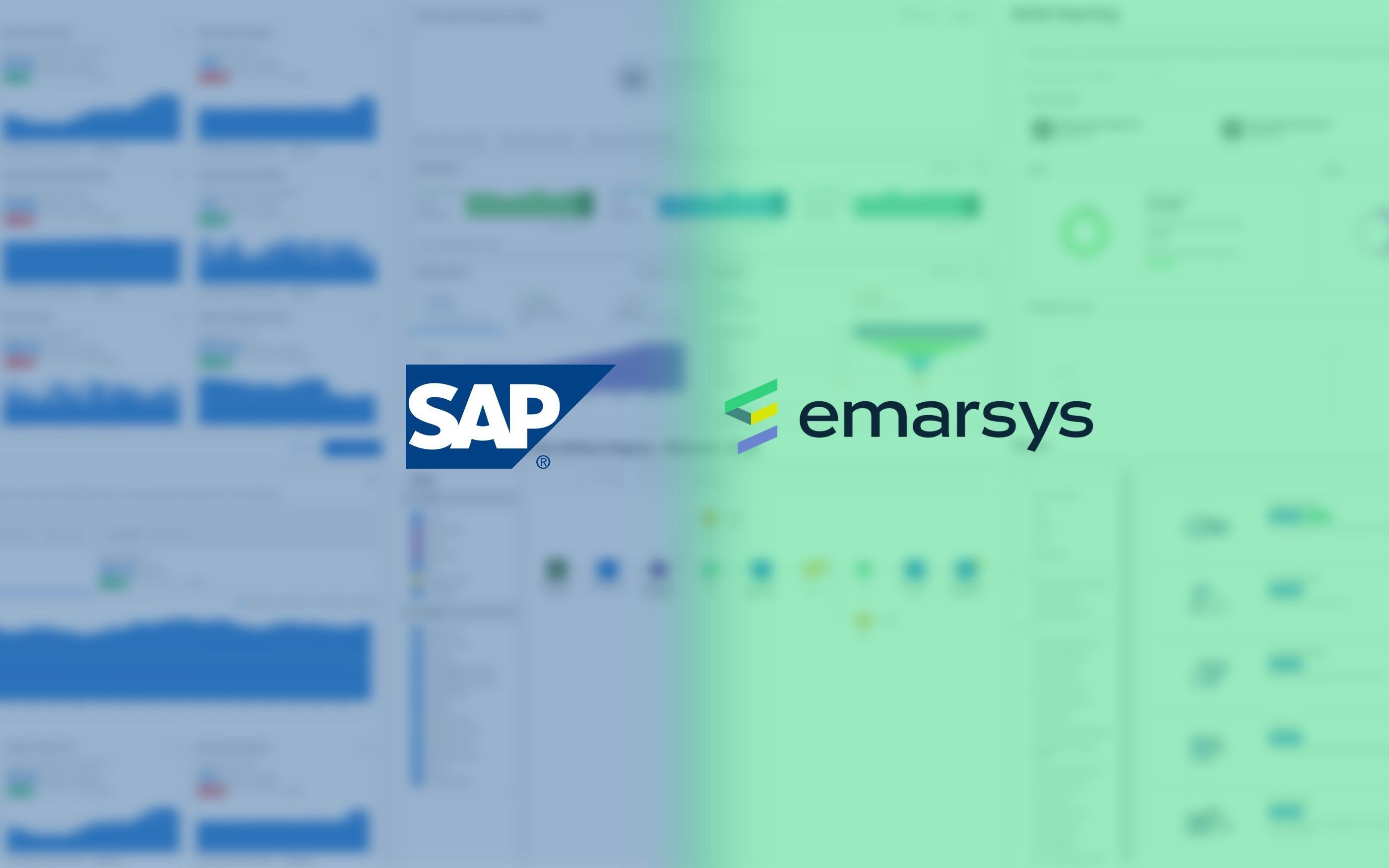 Graphic with the SAP and Emarsys logos in the background, the system layout blurred.