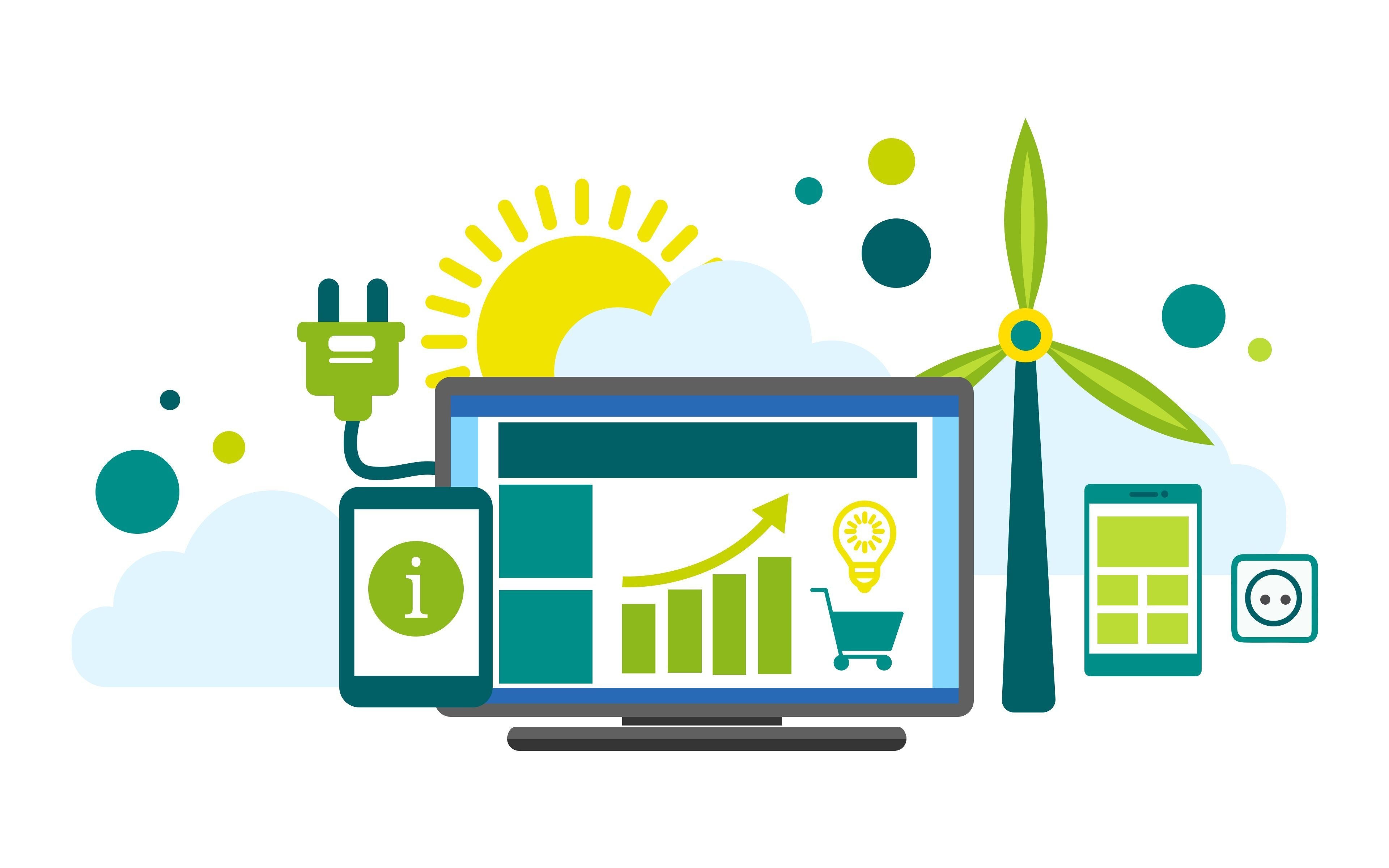 Graphic of a computer screen depicting energy with wind power, cell phones, and electrical outlets