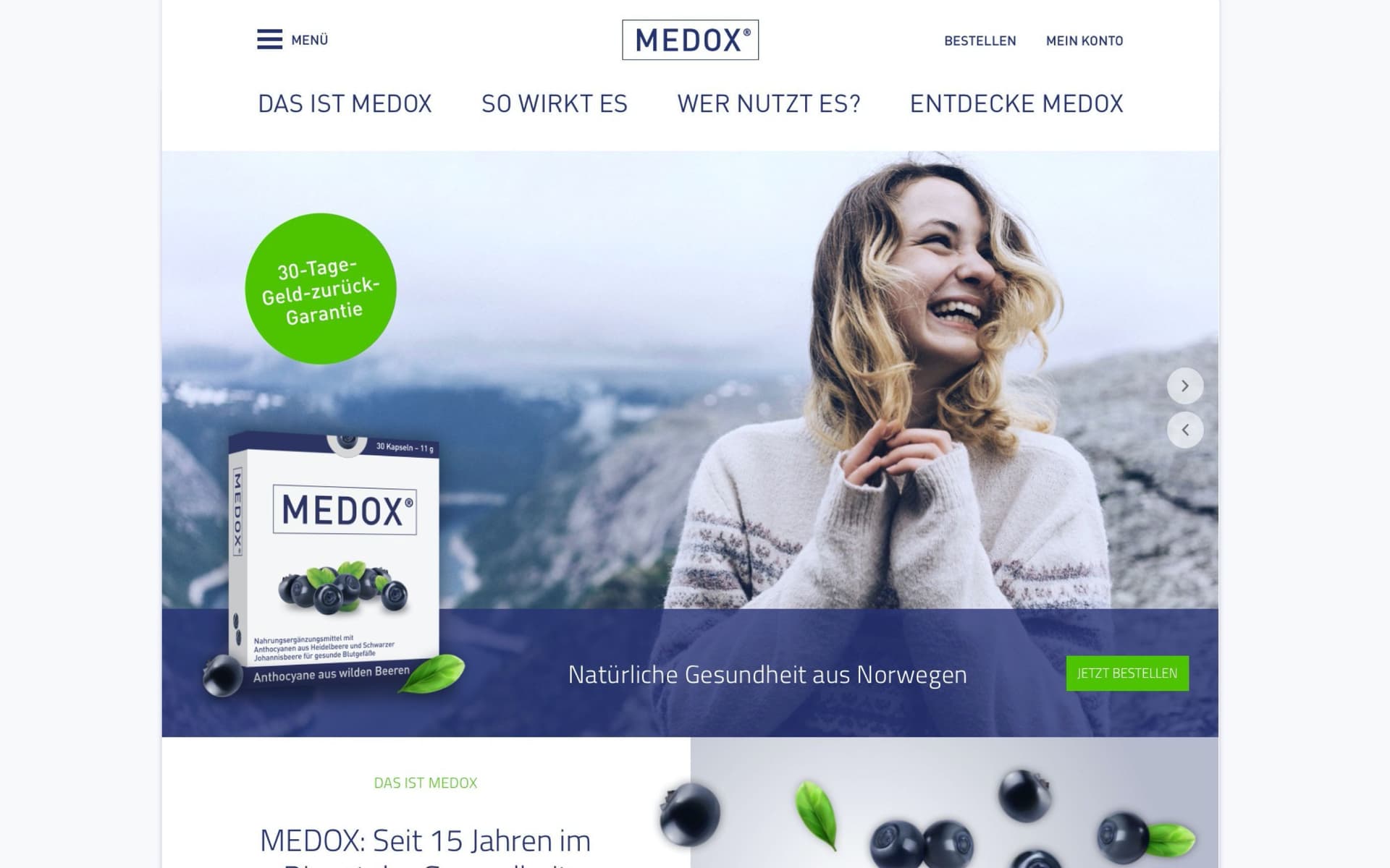 MEDOX Website mit Produktabbildung, Text „Natürliche Gesundheit aus Norwegen“ und Menüoptionen wie „Das ist MEDOX“ und „So wirkt es“.