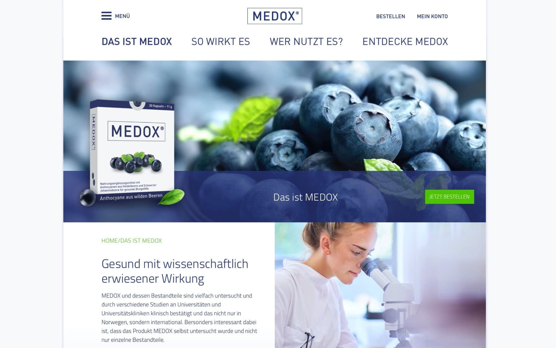 MEDOX website with product image and close-up of blueberries. Text “This is MEDOX” with “Order now” button and section “Healthy with scientifically proven effects.”