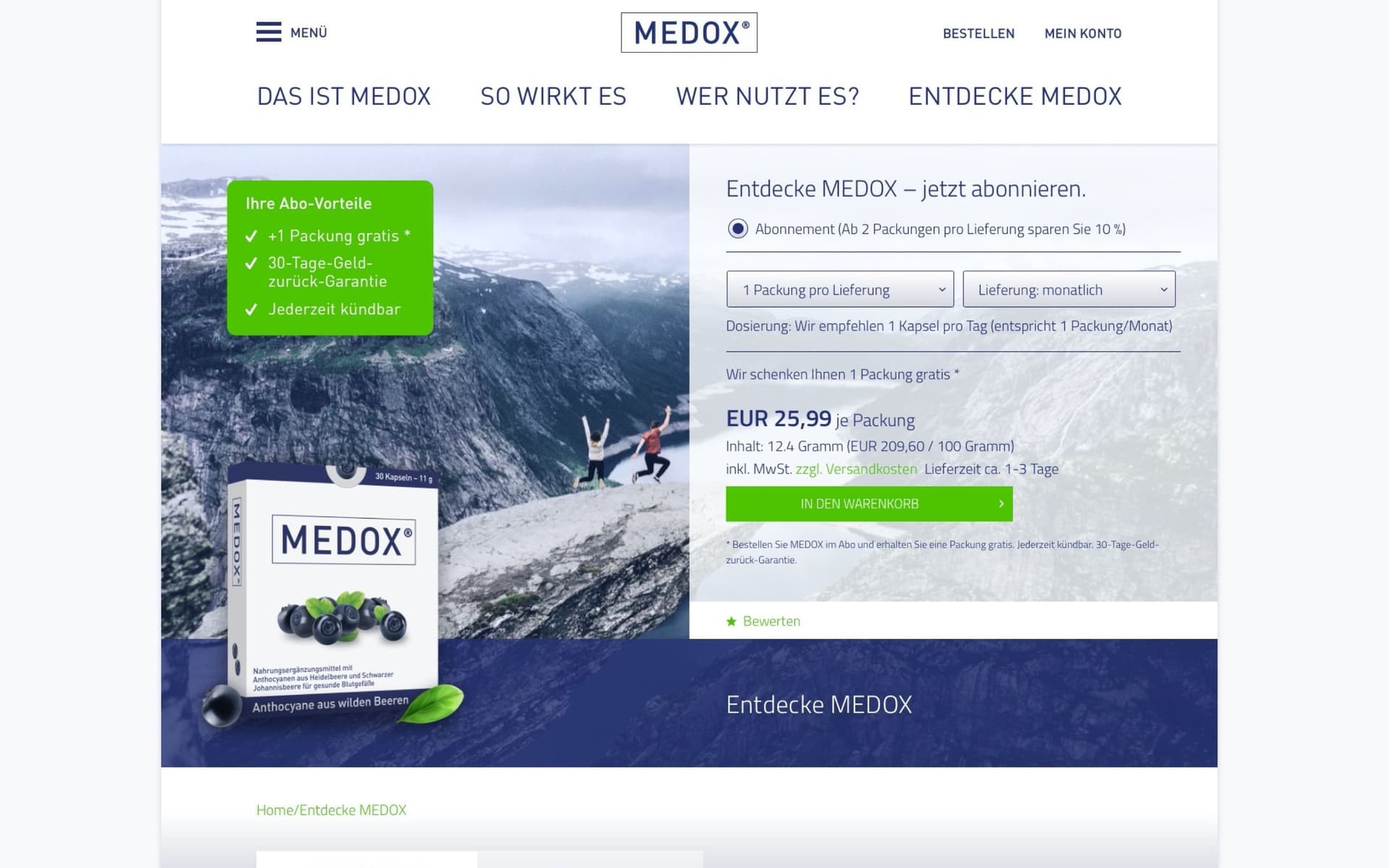 MEDOX Website mit Produktabbildung, Berglandschaft im Hintergrund und Abo-Angebot. Text: „Entdecke MEDOX – jetzt abonnieren“, Preis 25,99 €, Vorteile wie „1 Packung gratis“ und „30-Tage-Geld-zurück-Garantie“, grüner Button „In den Warenkorb“.