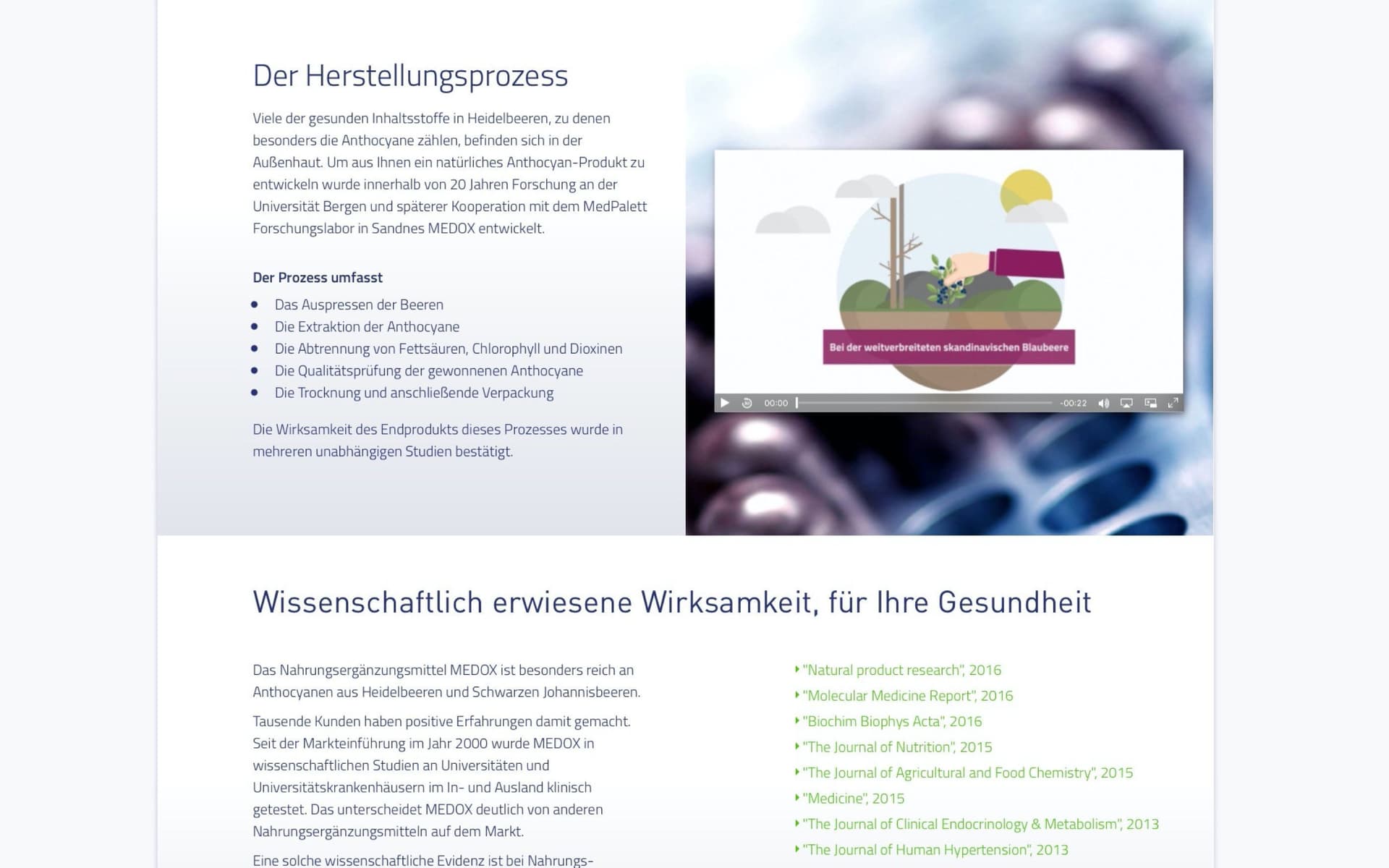 MEDOX Website mit Abschnitt „Herstellungsprozess“, eingebettetem Video und Bereich „Wissenschaftlich erwiesene Wirksamkeit“ mit Studienliste.