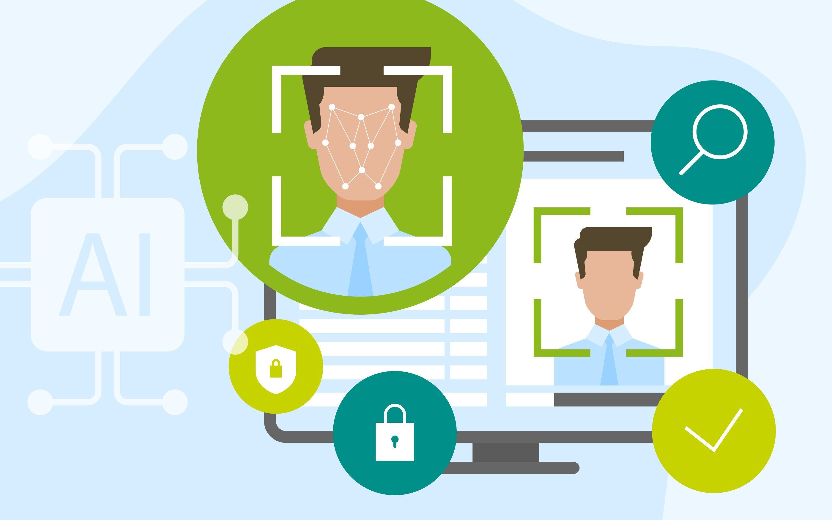 Illustration of facial recognition and AI: portrait with facial recognition markers, computer screen, and symbols for security, search, and AI.