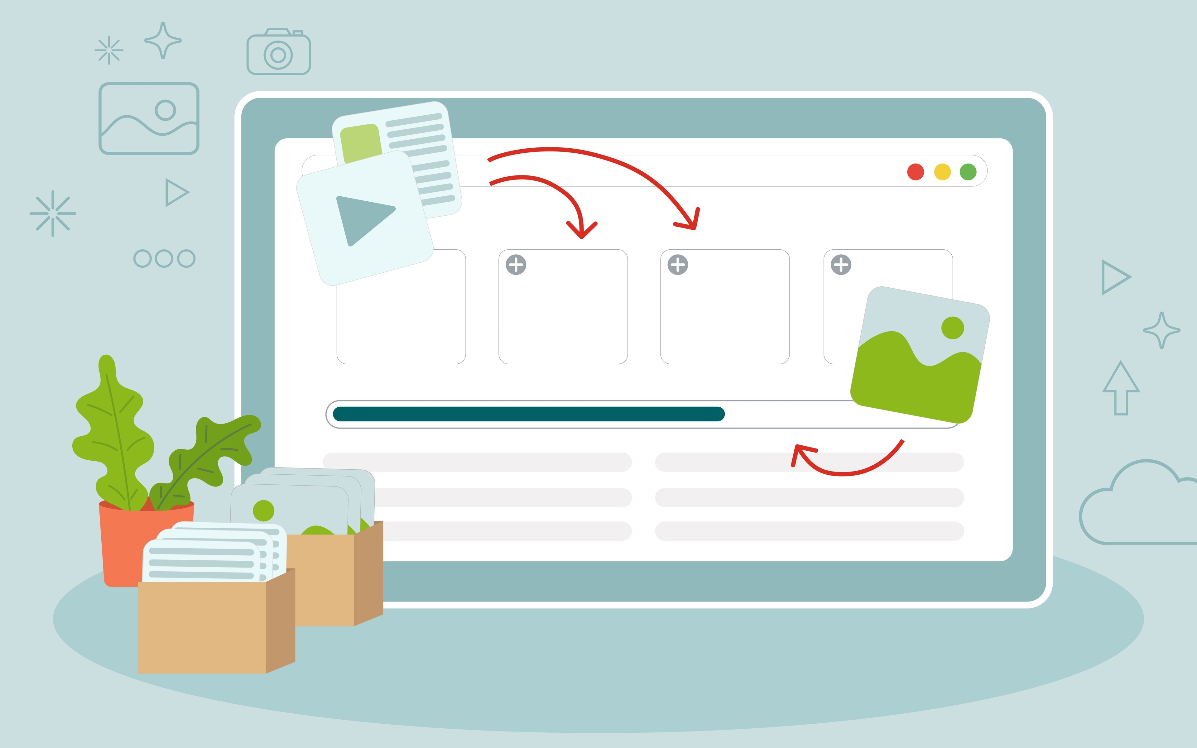 Digitales Upload-Interface mit Computerbildschirm, leeren Upload-Feldern, Medien-Icons und Fortschrittsanzeige