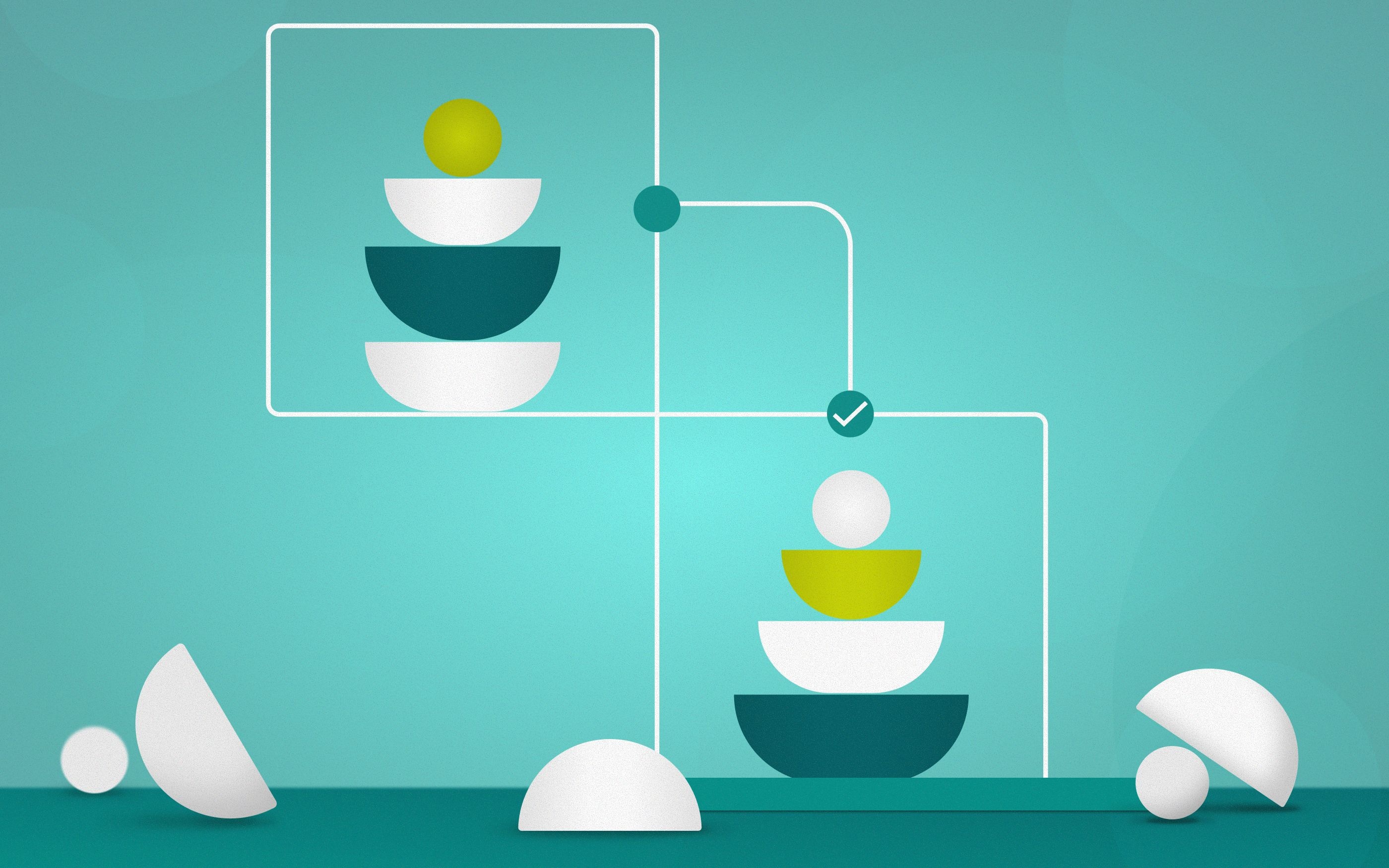 Illustration of two orderly stacks of semicircular shapes connected by white lines. The structure on the left represents the initial situation, while the one on the right shows an optimized, standardized version. A green check mark indicates that the data has been successfully matched. The graphic symbolizes structured data processes, quality control, and harmonized system architecture.