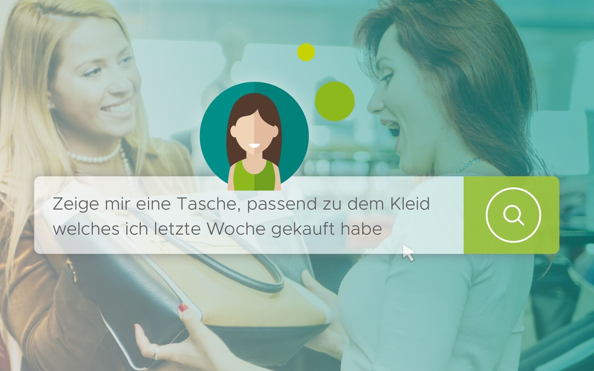 Suchfeld Grafik und zwei Frauen freuen sich über eine Tasche