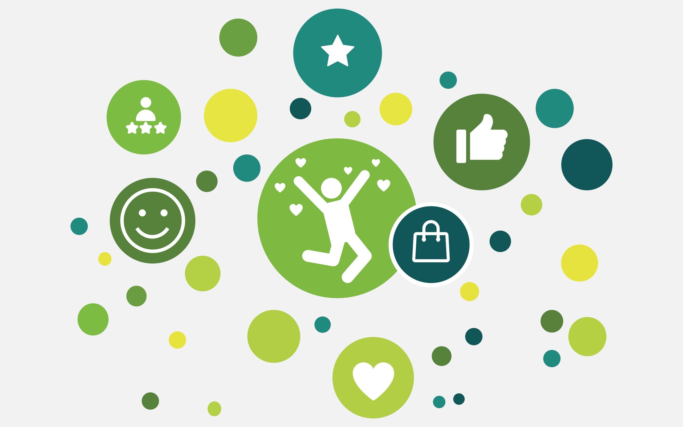 Grafik aus Kreisen mit Icons um eine gezeichnete Figur die die Arme hochwirft und glücklich ist.