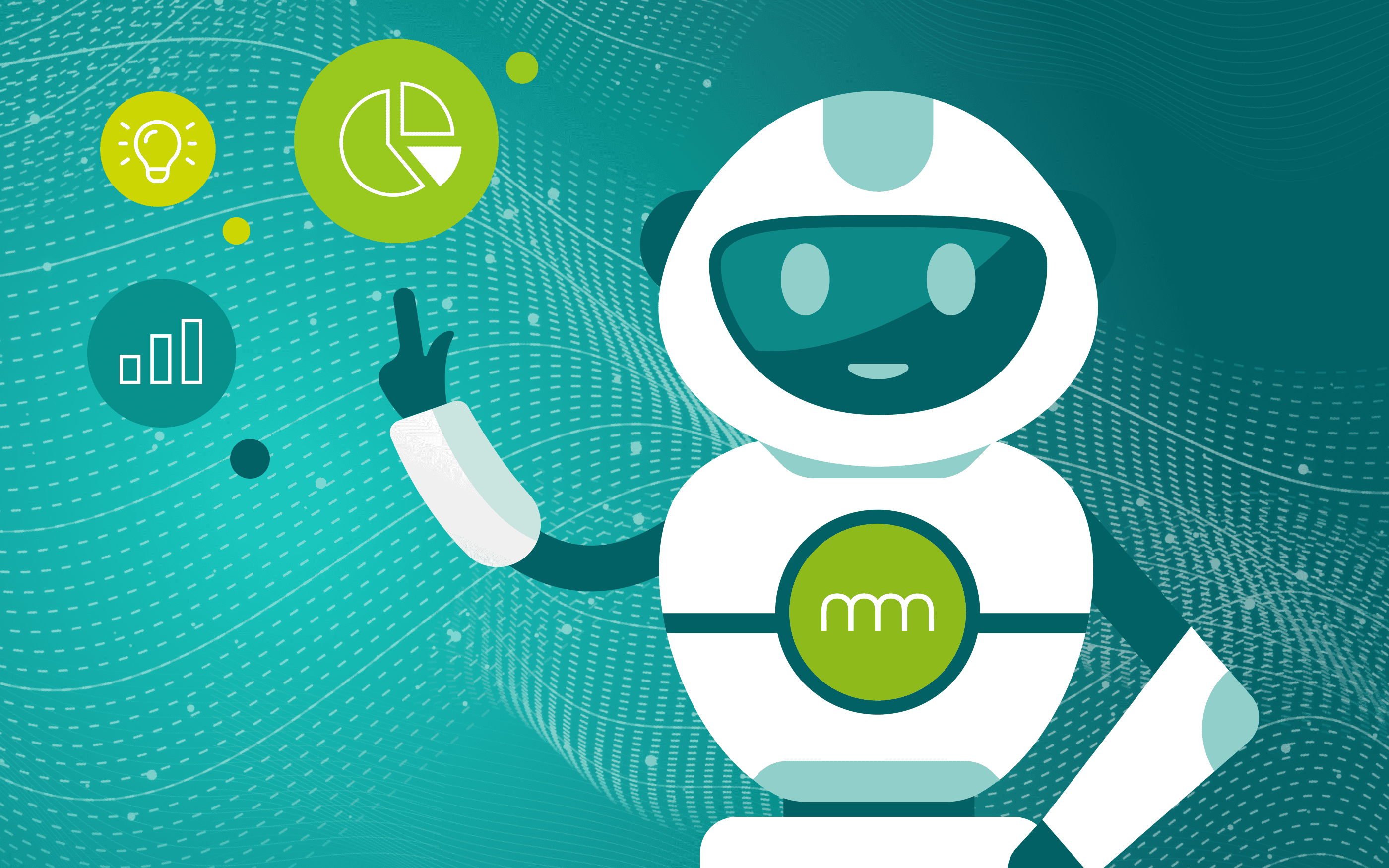 Illustration eines freundlichen Roboters vor abstraktem, türkisfarbenem Datenhintergrund. Umgeben von Symbolen für Ideen, Diagramme und Analysen verweist die Grafik auf KI, Datenanalyse, Automatisierung und digitale Innovation.