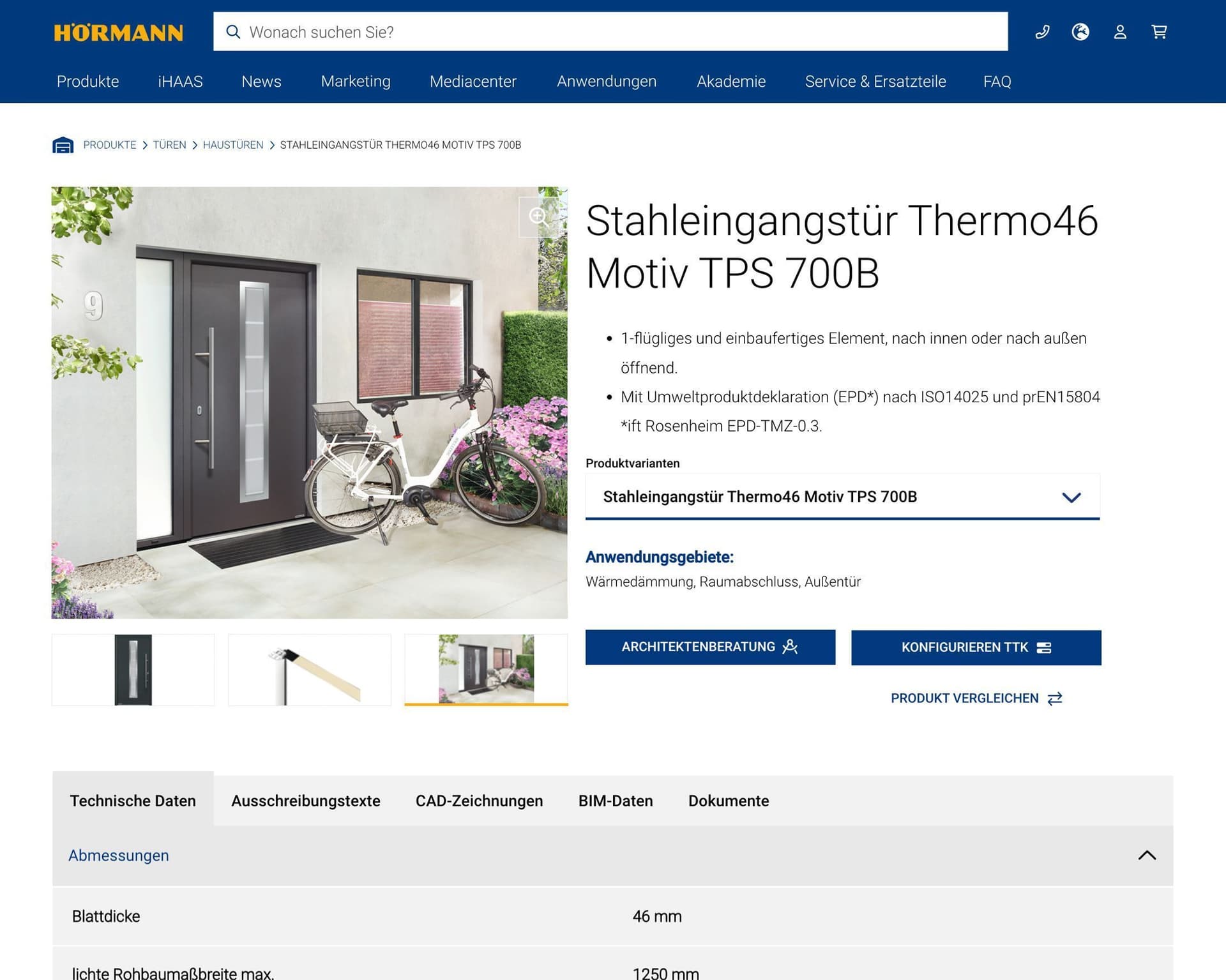 Produktdetailseite für Hörmann Stahleingangstür Thermo46 Motiv TPS 700B mit Foto der Tür und technischen Informationen.