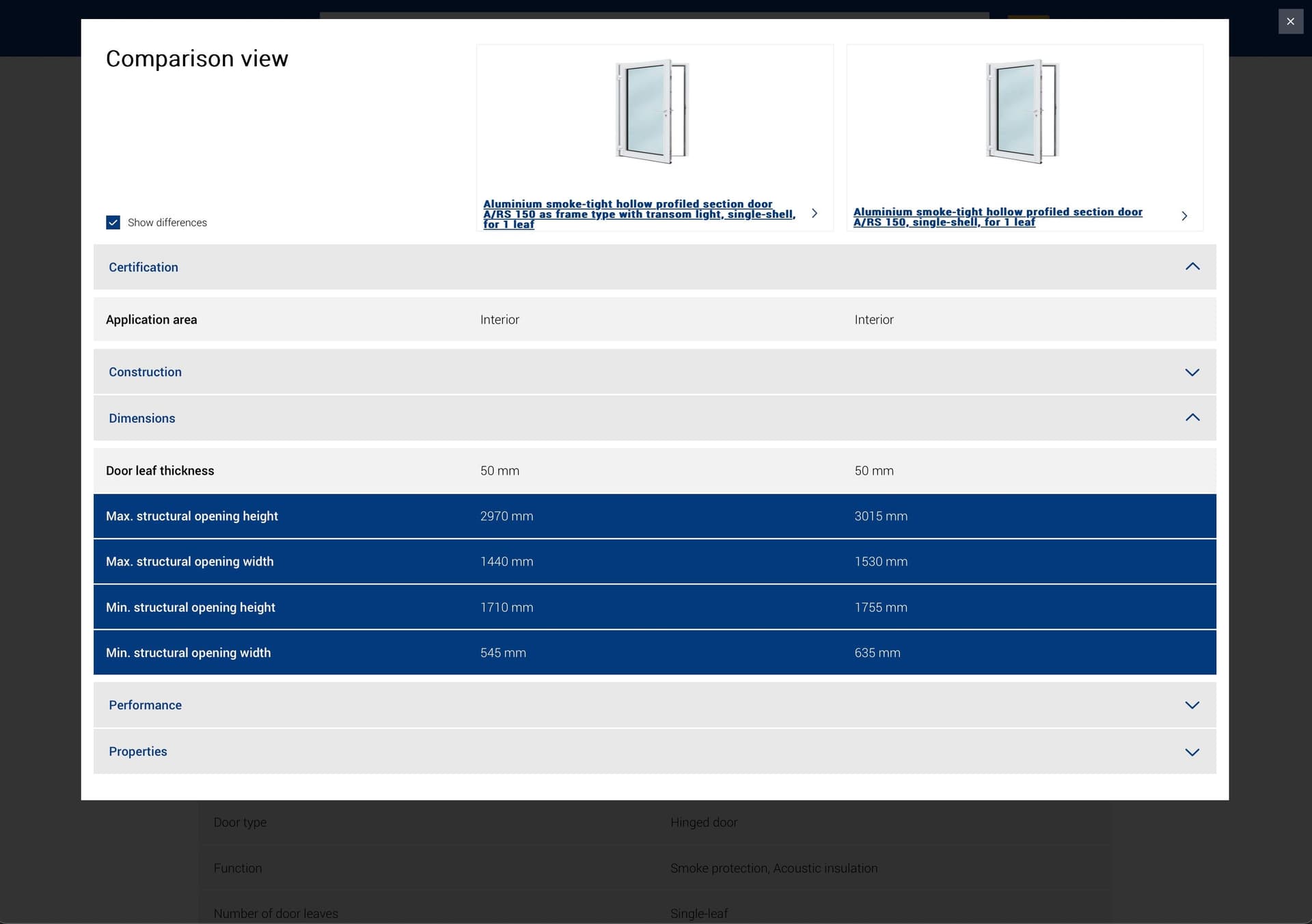Comparison view in the Hörmann product catalog showing two aluminum smoke control doors. Door images are shown at the top, followed by a table with technical data such as door leaf thickness, clear opening width and height, number of door leaves, and door type.