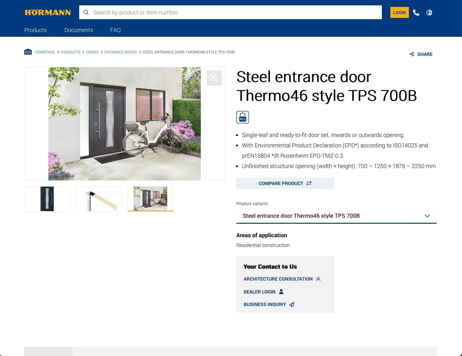 Product detail page for Hörmann steel entrance door Thermo46 motif TPS 700B with photo of the door and technical information.