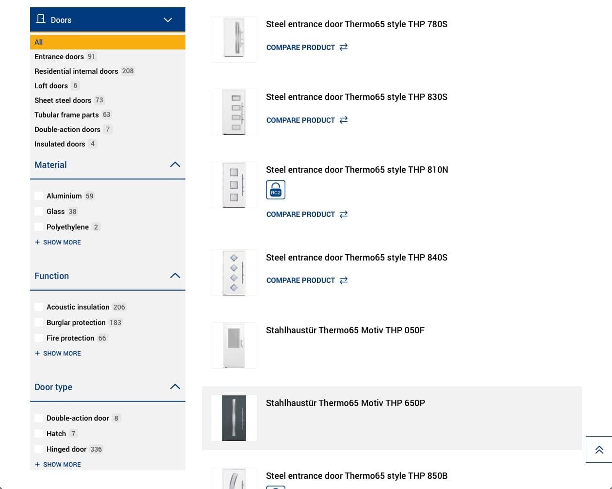 Product list in the Hörmann product catalog with steel entrance doors of the Thermo46 series, various designs and filter options such as door type, material and dimensions on the left side.