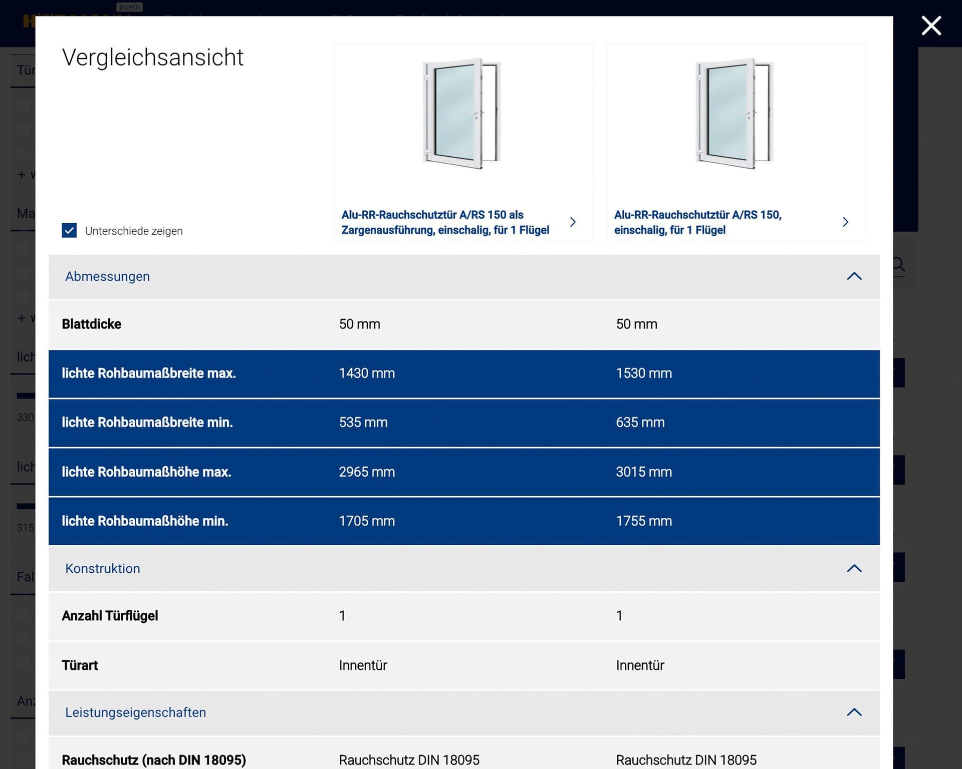 Vergleichsansicht im Hörmann-Produktkatalog mit zwei Rauchschutztüren aus Aluminium. Oben Türbilder, darunter Tabelle mit technischen Daten wie Blattdicke, lichte Rohbaumaßbreite und -höhe, Anzahl Türflügel und Türart.