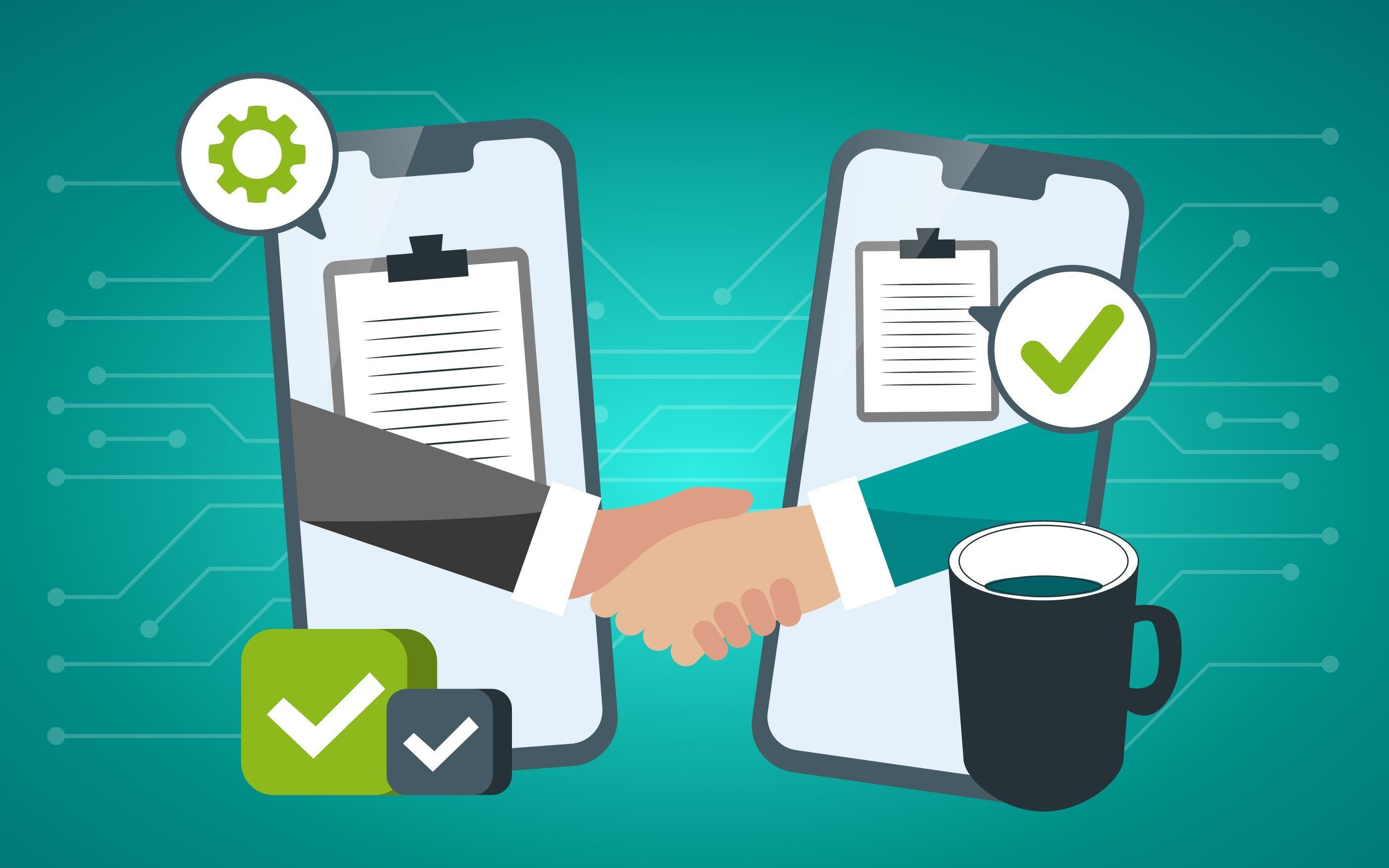 Zwei Smartphones geben sich die Hand, mit Häkchen und Dokumenten, die die digitale Zustimmung oder den Vertragsabschluss symbolisieren.