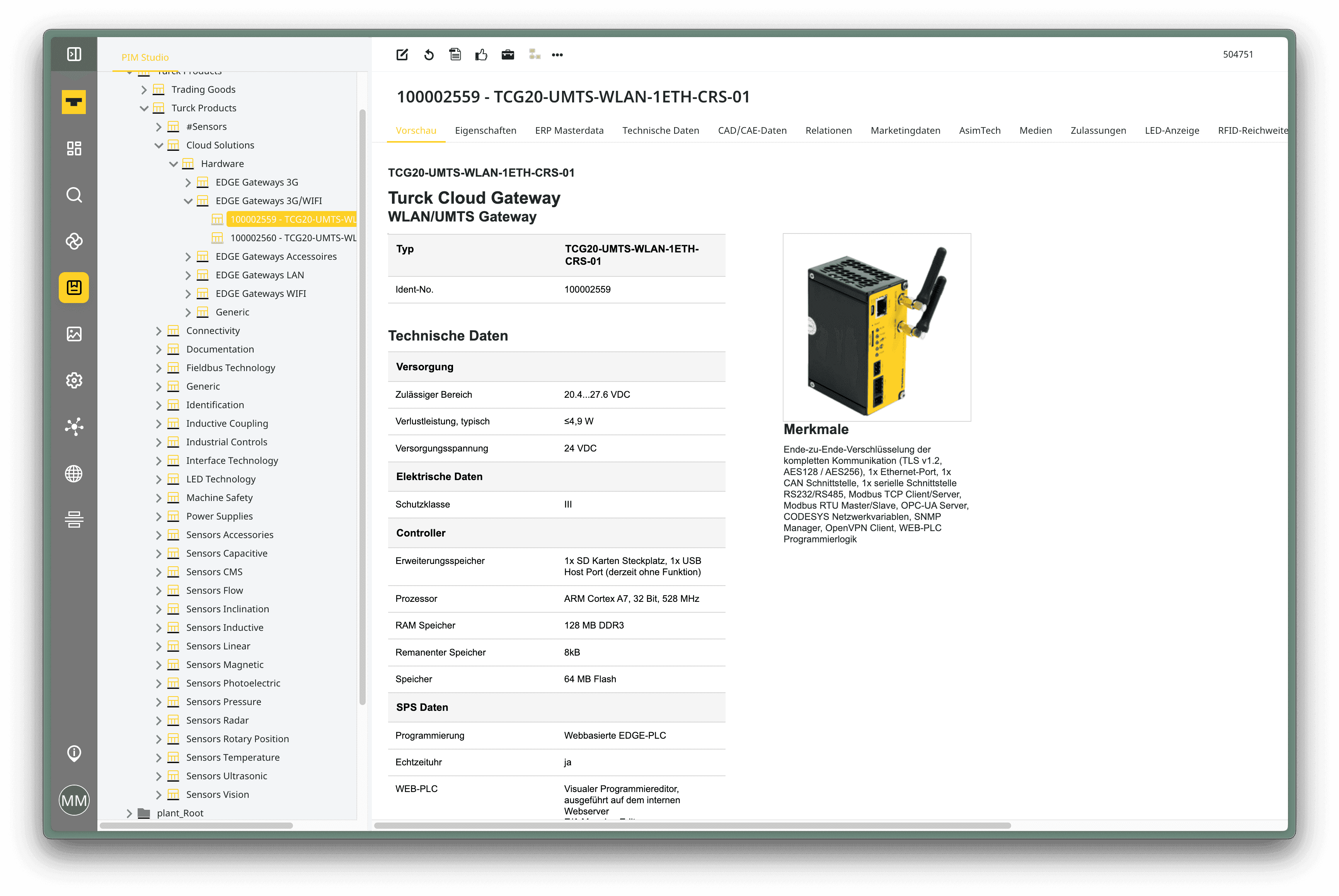 Screenshot einer PIM-Software mit Produktdetailseite für ‚Turck Cloud Gateway‘; links Navigationsmenü, rechts technische Daten und Produktfoto eines gelb-schwarzen Geräts mit Antenne.