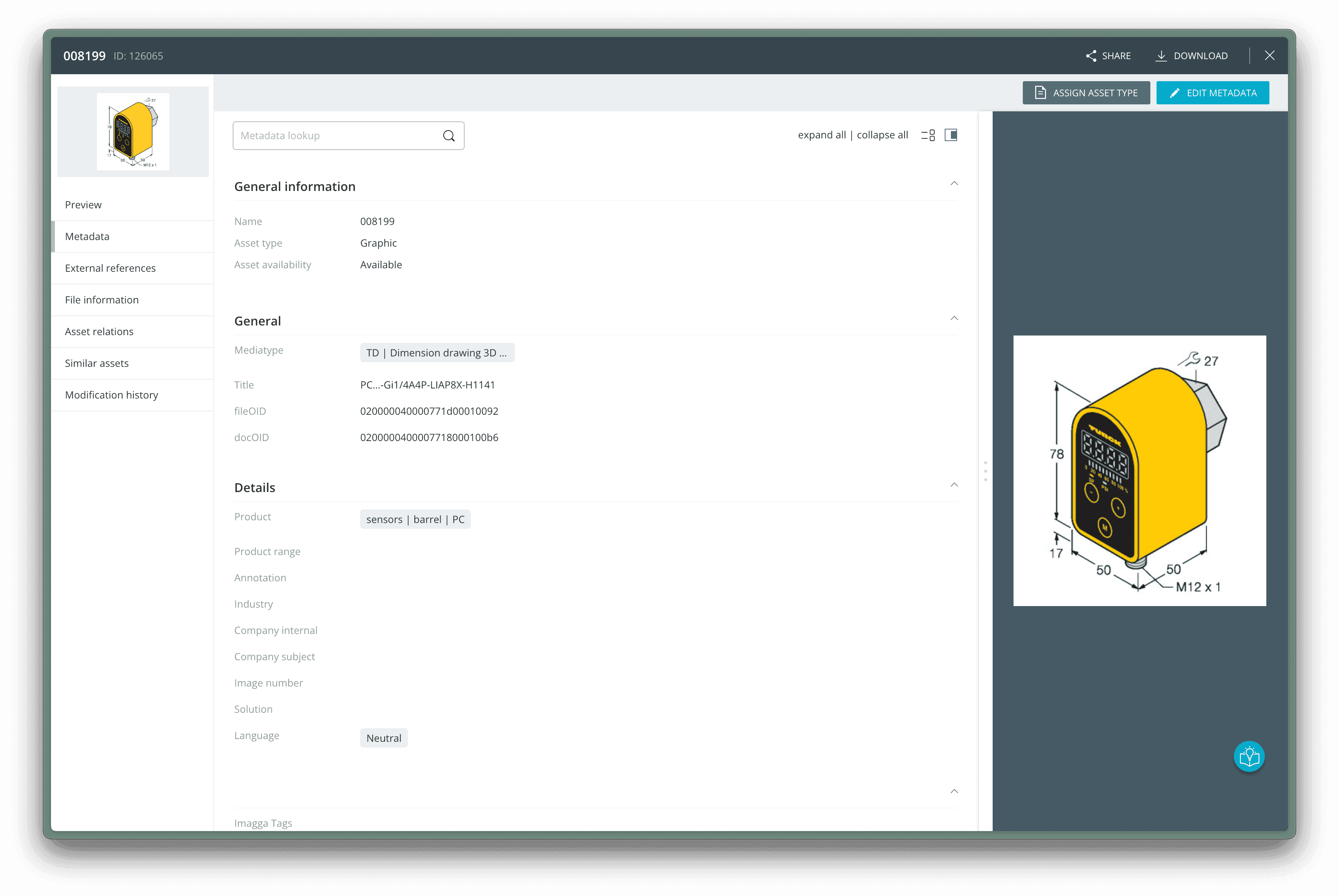 Screenshot of data management software showing details of a yellow sensor module; left menu with options, center general info and technical details, right technical drawing with dimensions.