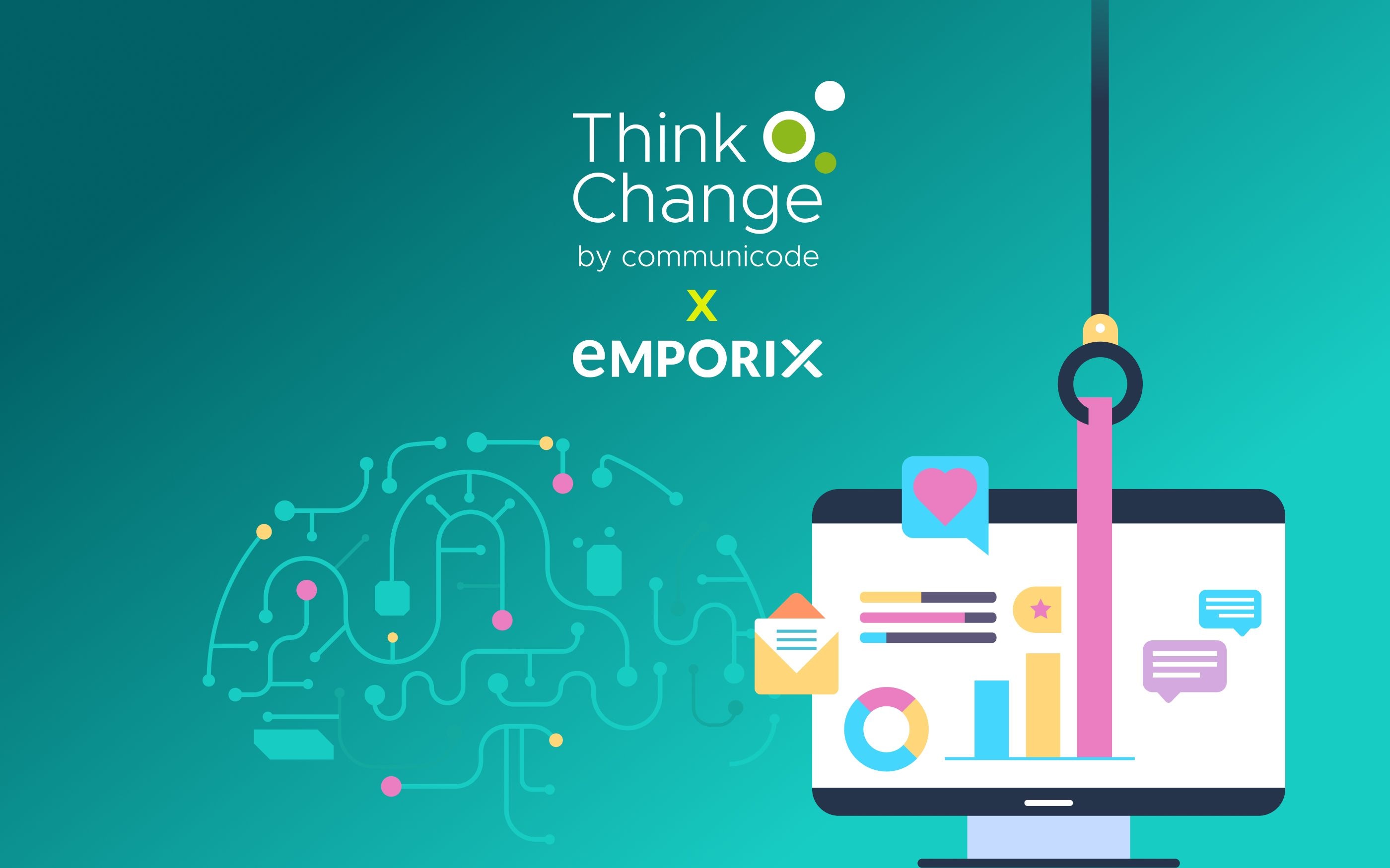 Illustration showing a computer screen displaying colorful charts, symbols, and speech bubbles. To the left is a stylized network in the shape of a brain. At the top, a mechanical arm reaches for an element on the screen.