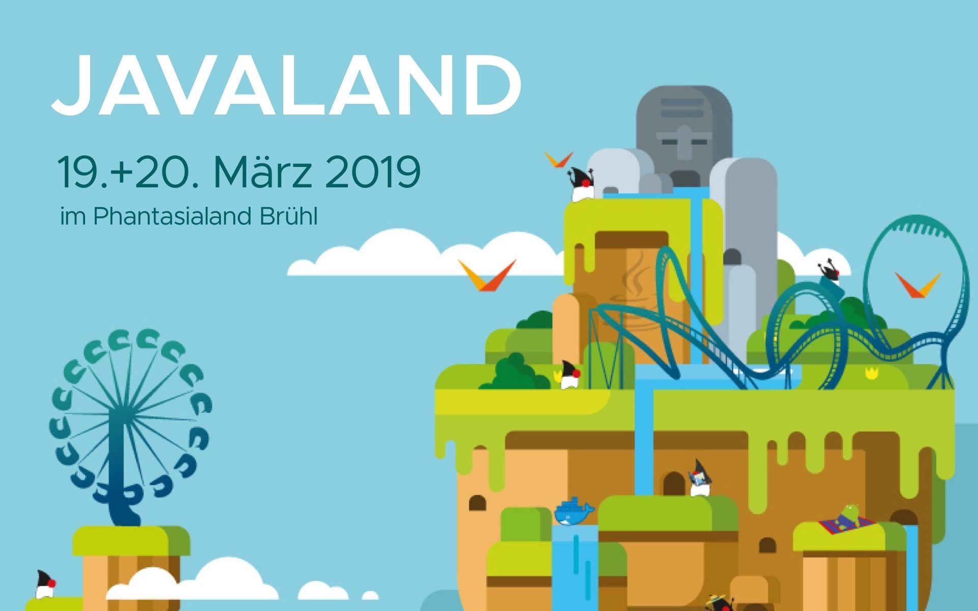 Grafik zur JAVALAND Konferenz in Brühl mit Achterbahnen und Riesenrad