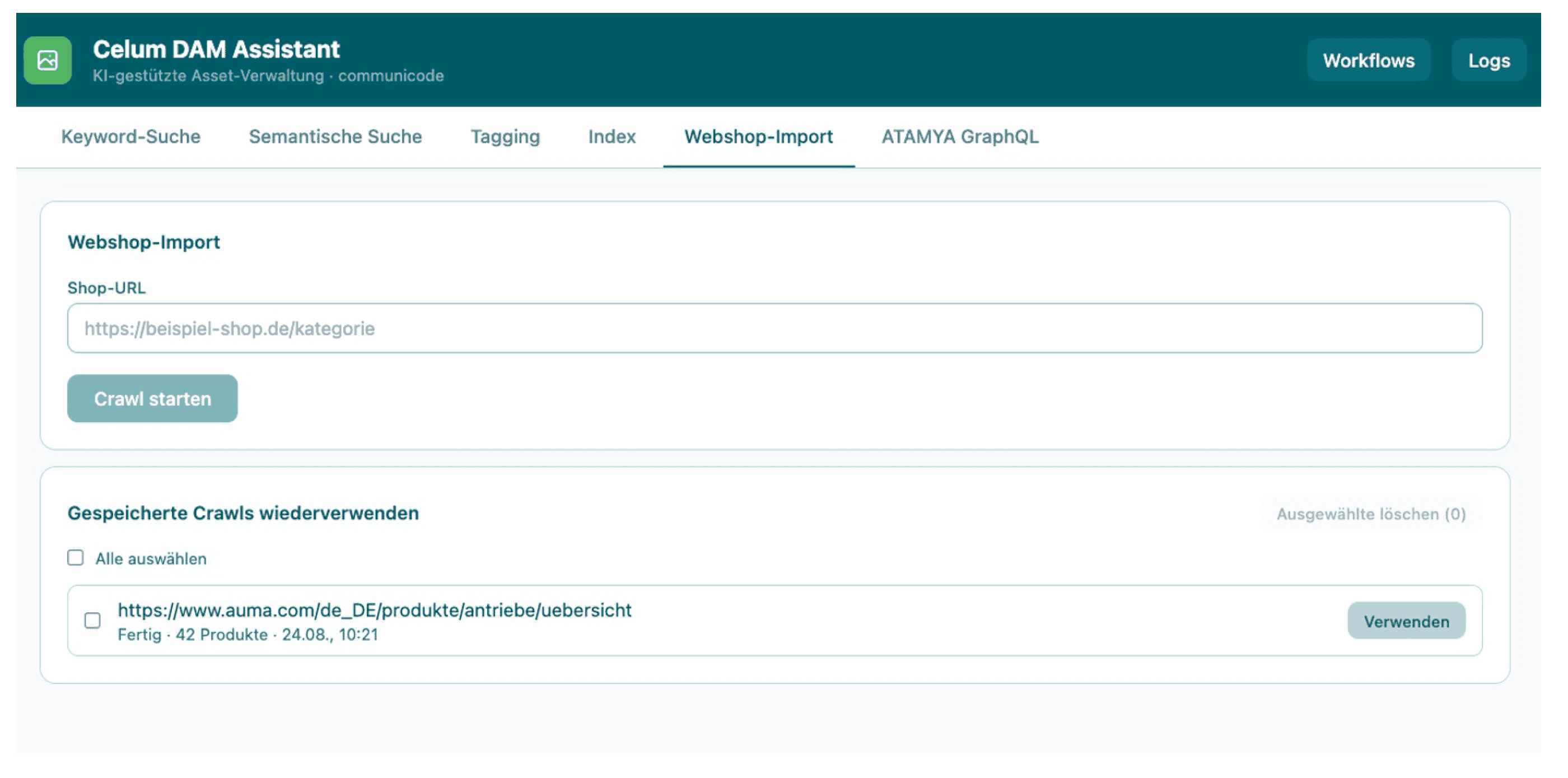 Benutzeroberfläche des „Celum DAM Assistant“ mit dem Reiter „Webshop-Import“. Ein Eingabefeld für eine Shop-URL und ein Button „Crawl starten“ ermöglichen den Import von Produktdaten. Darunter wird ein gespeicherter Crawl mit einer Produktkategorie-URL, 42 Produkten und einem Wiederverwenden-Button angezeigt.