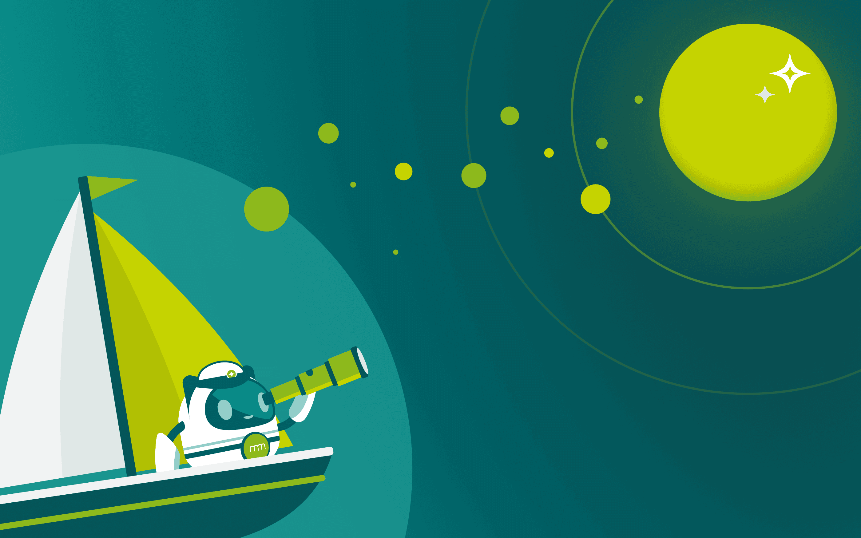 Illustration of a robot in a sailboat looking through a telescope toward a bright shining star. The image symbolizes direction, innovation, and the journey toward future goals.