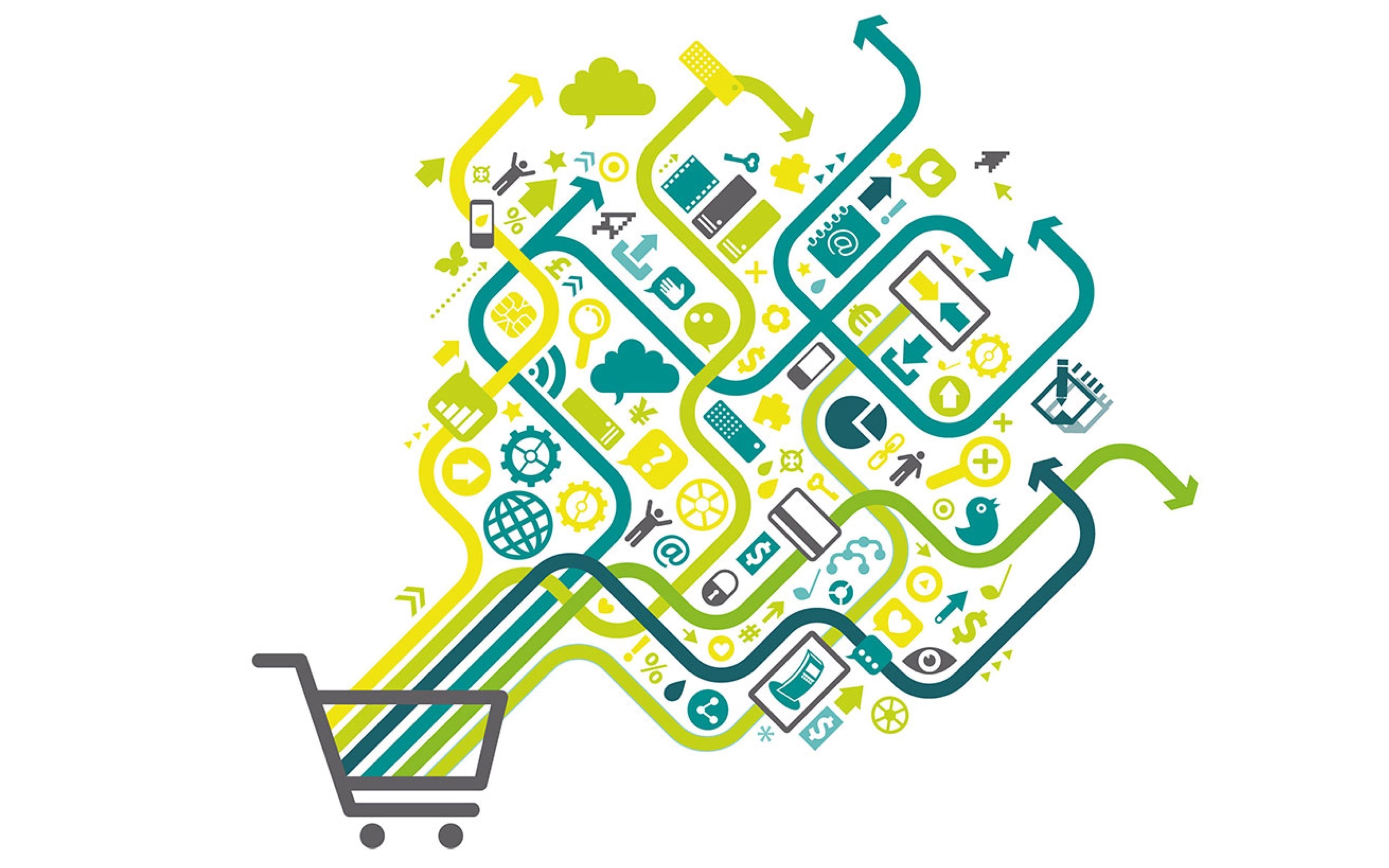 Shopping cart graphic with multichannel and omnichannel touchpoints