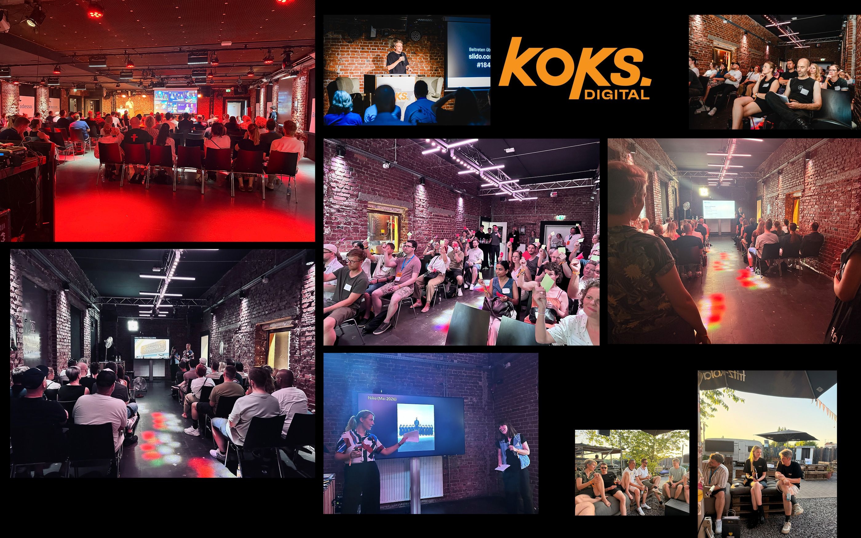 A photo collage of a koks.digital event held at an industrial-style venue with brick walls. Several photos show talks given to an audience, a presentation on stage, attendees in the event hall, and conversations taking place outdoors. The orange “koks.digital” logo is prominently displayed in the center against a black background.