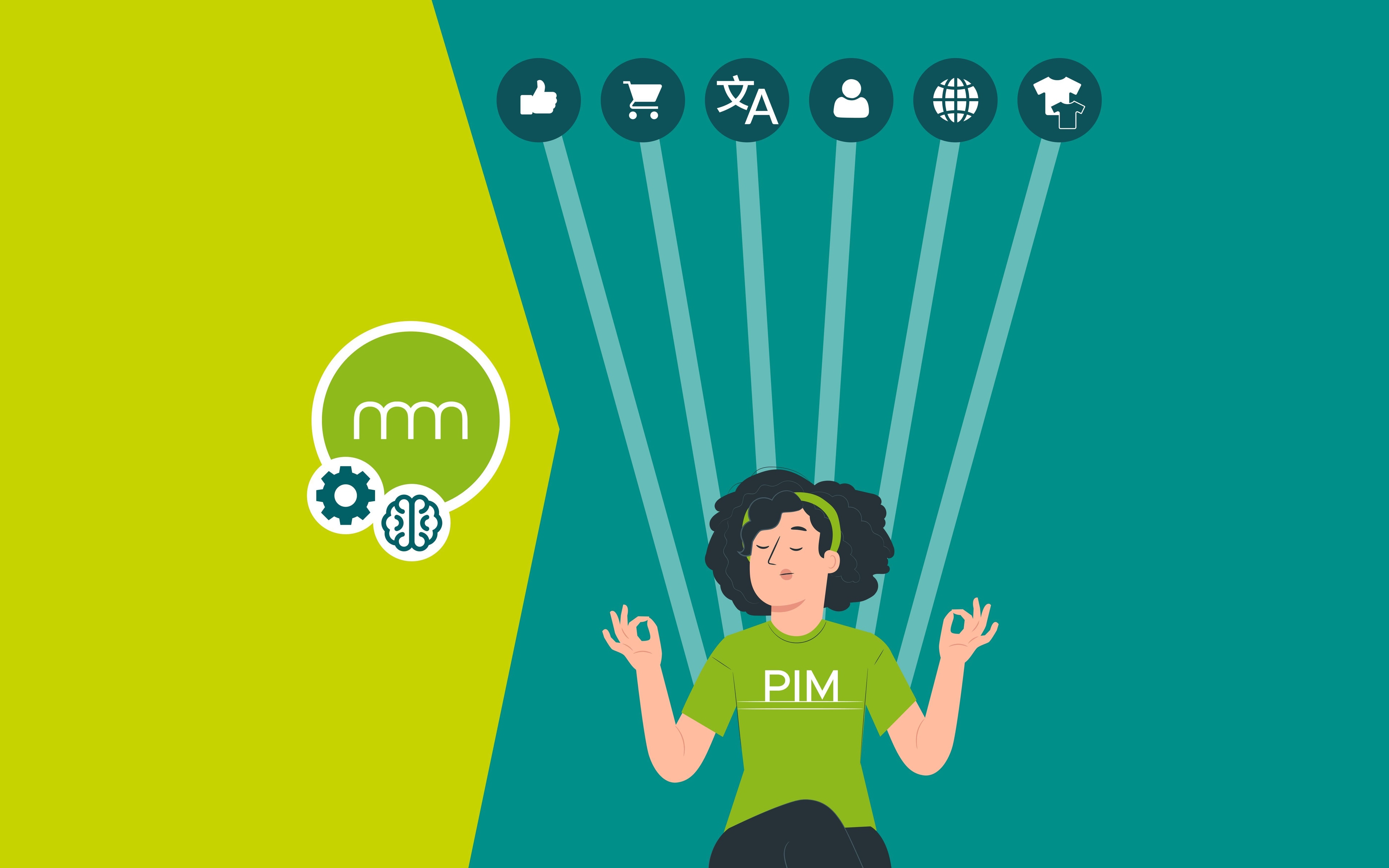 Illustration einer Person in grüner Kleidung mit PIM-Logo, umgeben von Symbolen für Funktionen wie Likes, Einkauf, Übersetzung, Benutzer, globale Vernetzung und Produktdarstellung; links PIM-Logo mit Zahnrad und Gehirn-Symbol.