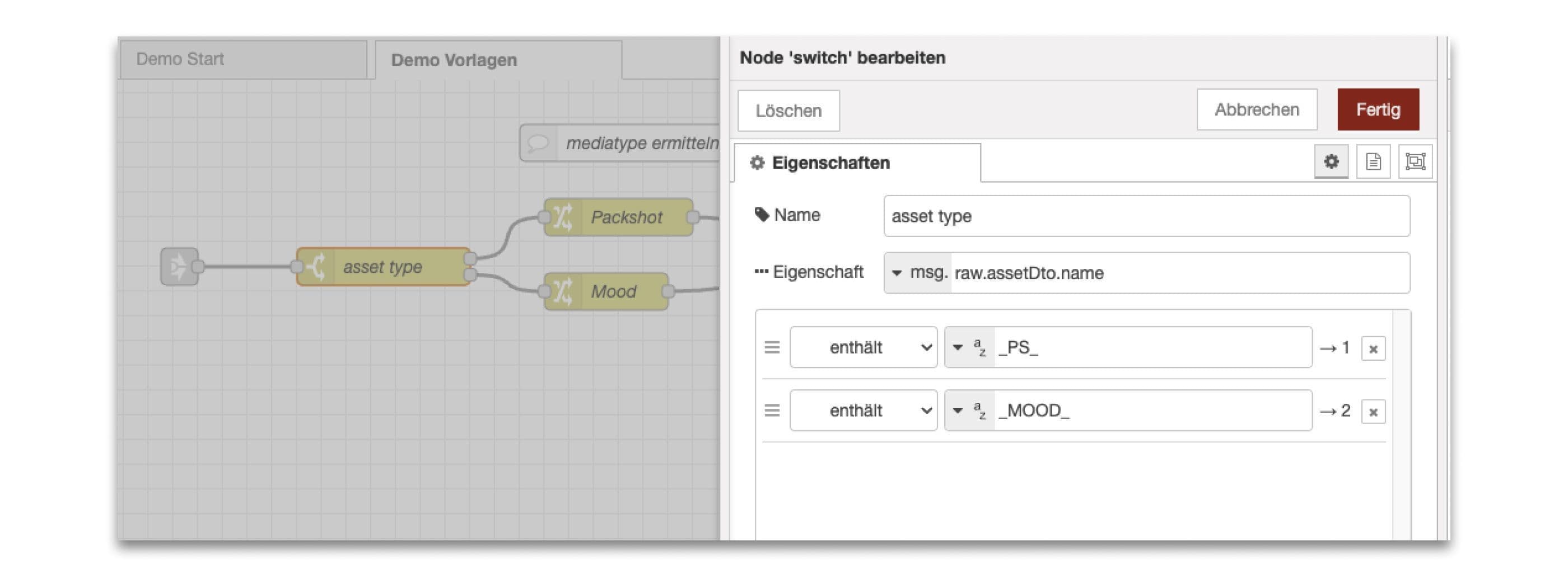 Screenshot der Bearbeitung von Node Switch mit Asset Types