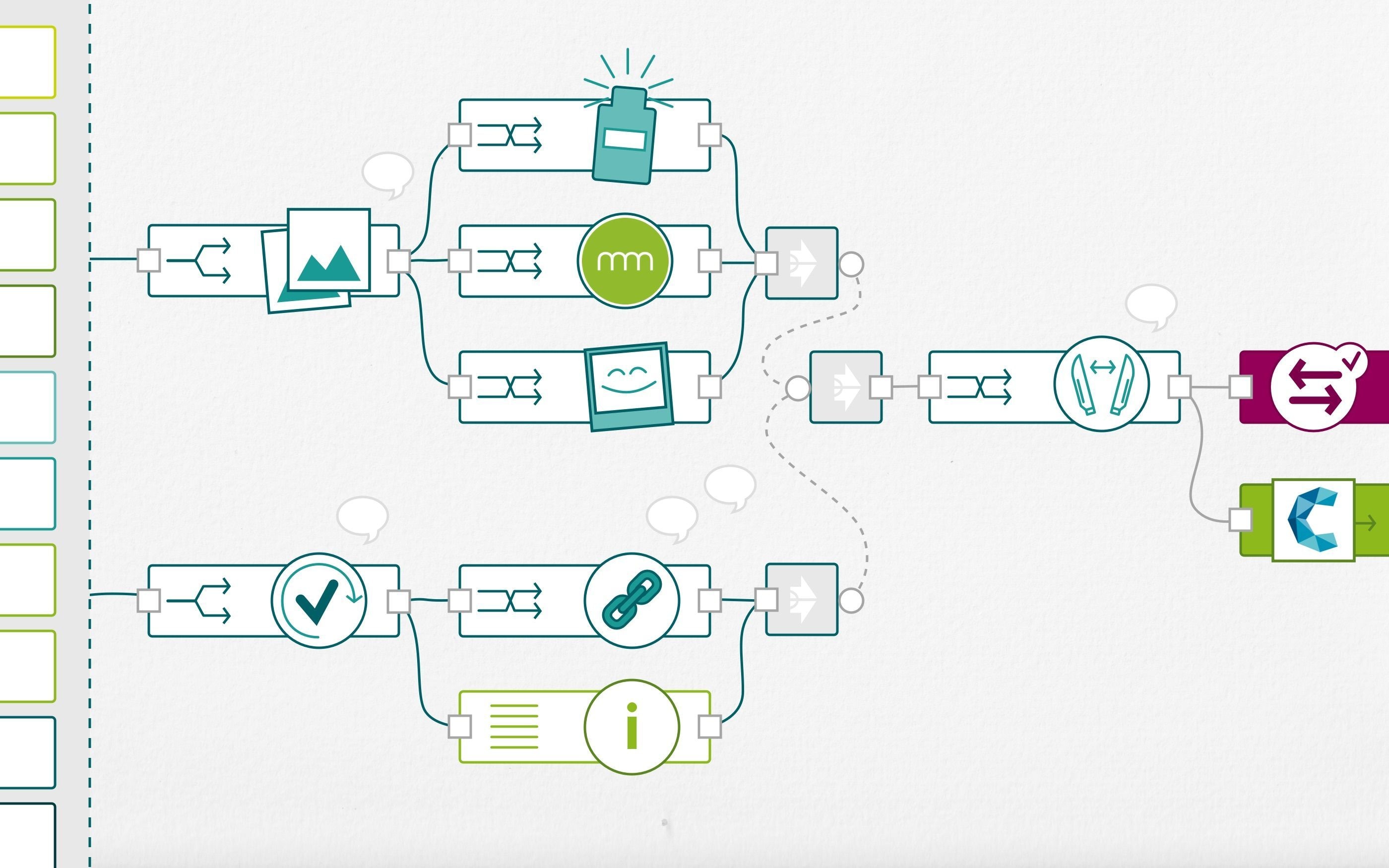 Diagramm eines digitalen Workflows mit Symbolen und Pfeilen zur Darstellung von Prozessschritten