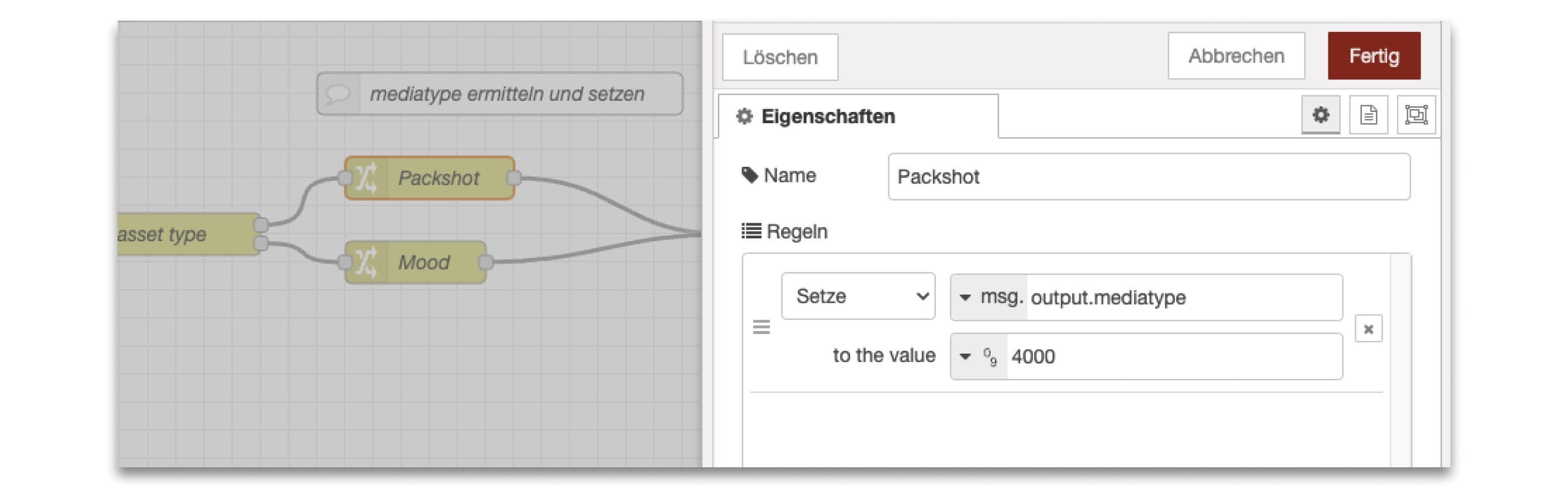 Screenshot der Ermittlung von Mediatypen Low Code Packshot