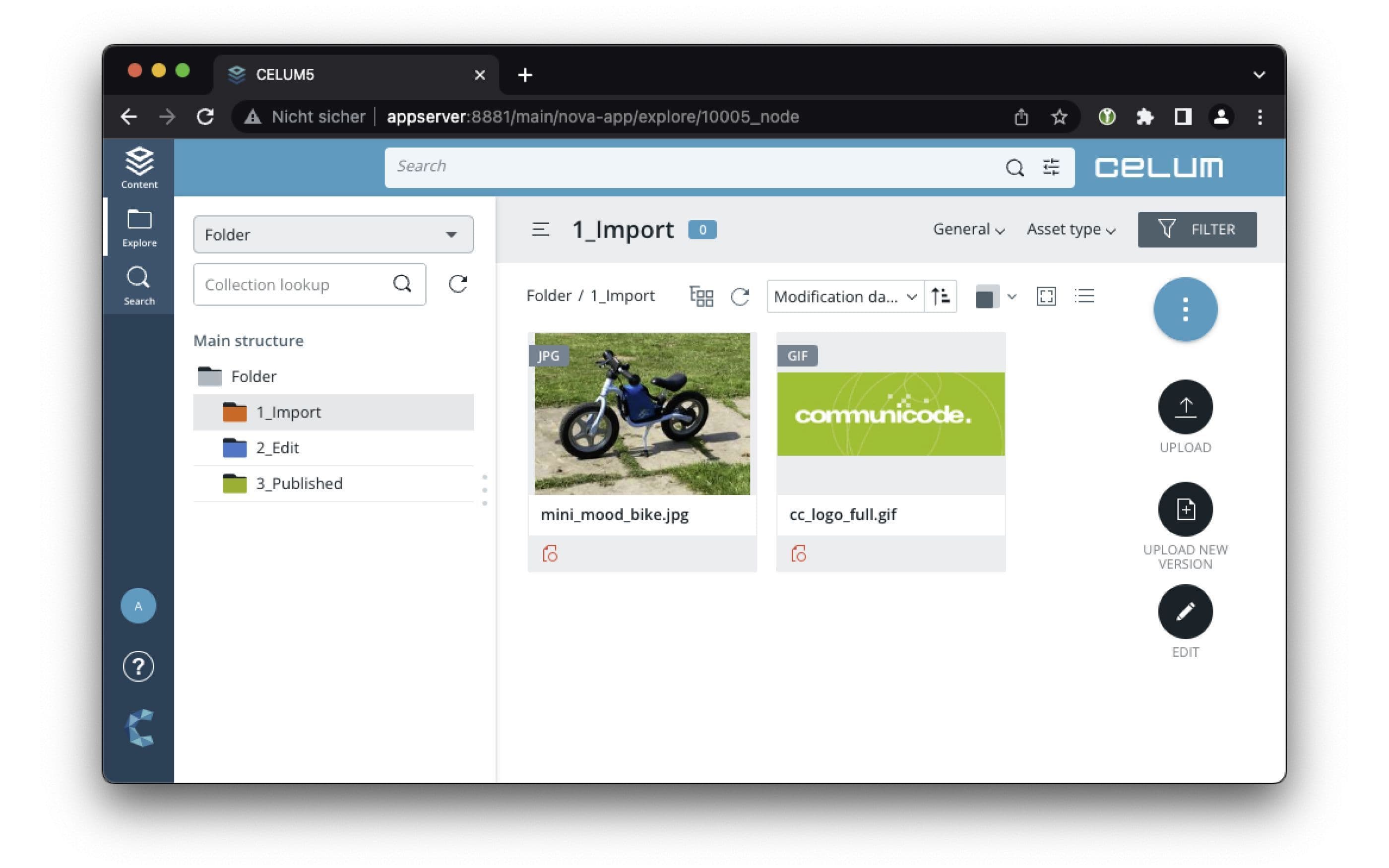Screenshot der CELUM-Oberfläche mit dem Ordner „1_Import“, der zwei Mediendateien (Fahrrad und ein communicode-logo) anzeigt