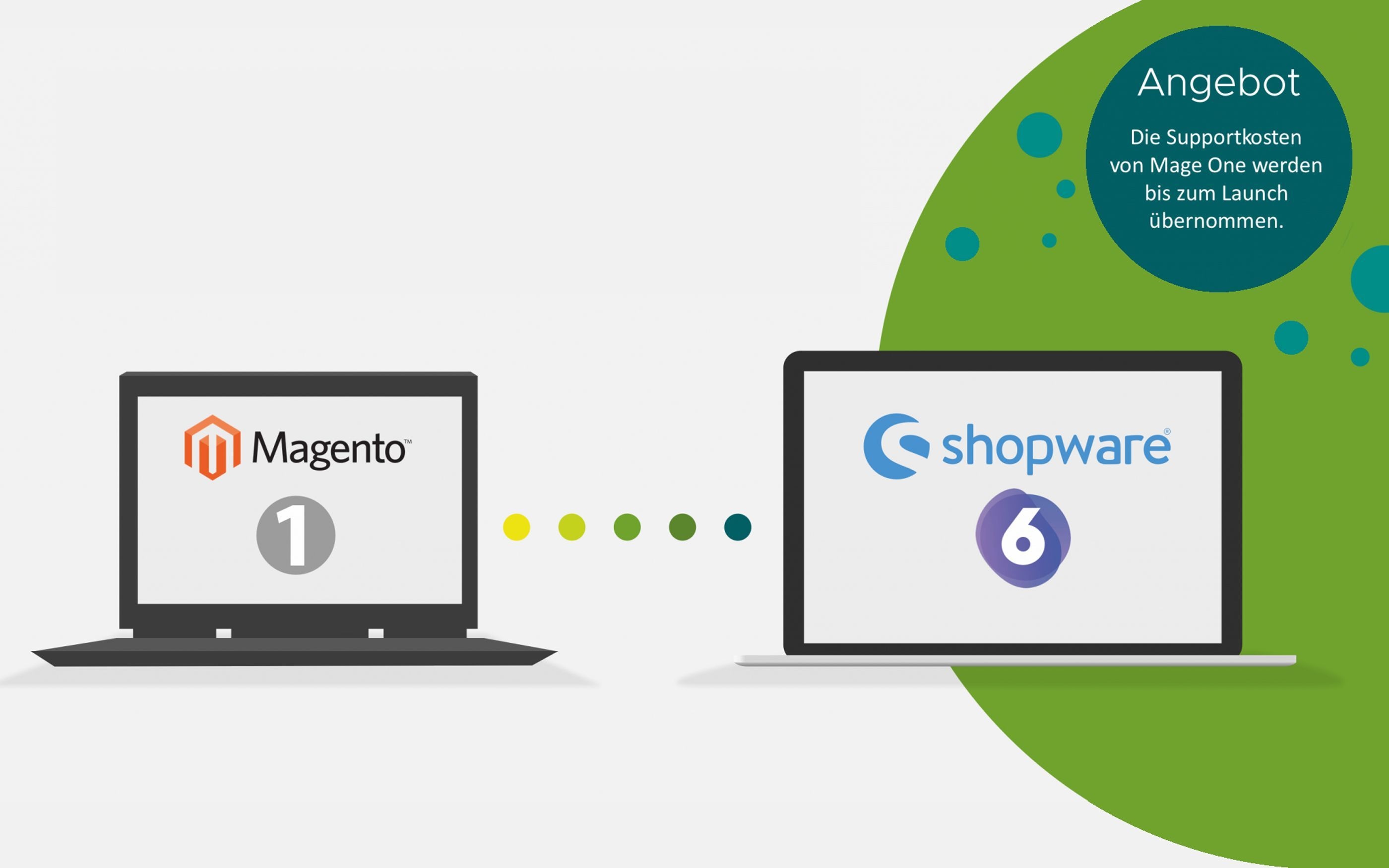 Image with laptops and Magento, as well as the Shopware logo, on the topic of migration