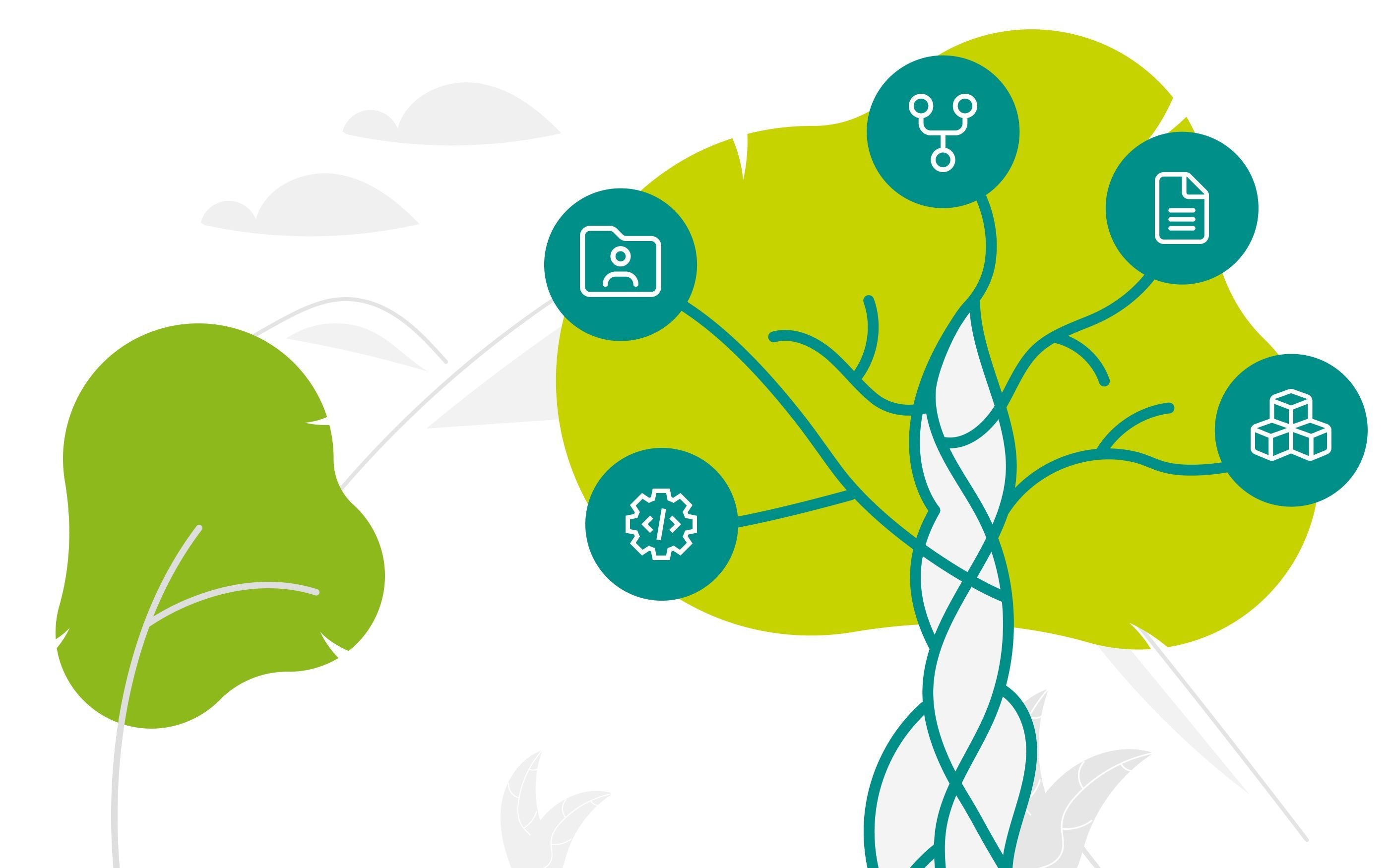 Stylized tree with intertwined trunk and icons representing data, software, network, and documents – symbol for networked digital technologies