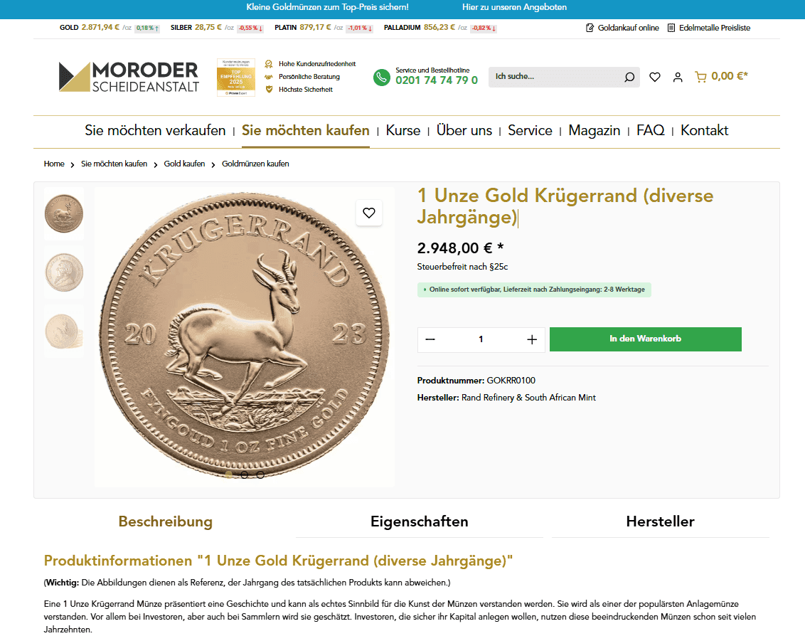 Produktseite der Moroder Scheideanstalt für eine 1-Unze-Goldmünze Krügerrand. Links ein großes Bild der Münze mit Springbock-Motiv und Jahreszahl 2023, rechts Preisangabe 2.948 Euro, Verfügbarkeitshinweis und Warenkorb-Button.