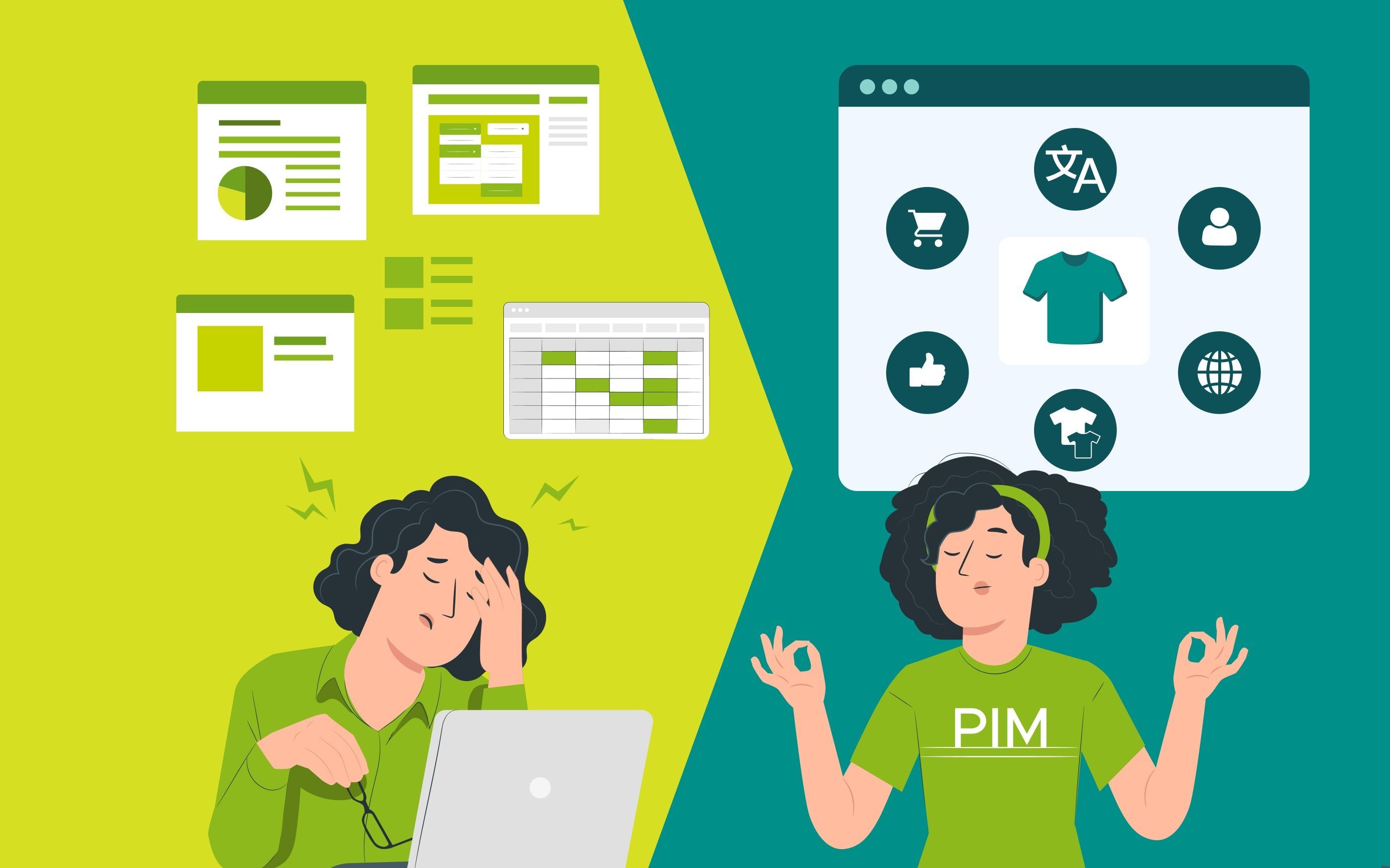 Illustration mit zwei Szenen: Sie vergleicht stressige manuelle Datenpflege mit entspannter, effizienter Produktverwaltung durch ein PIM-System.