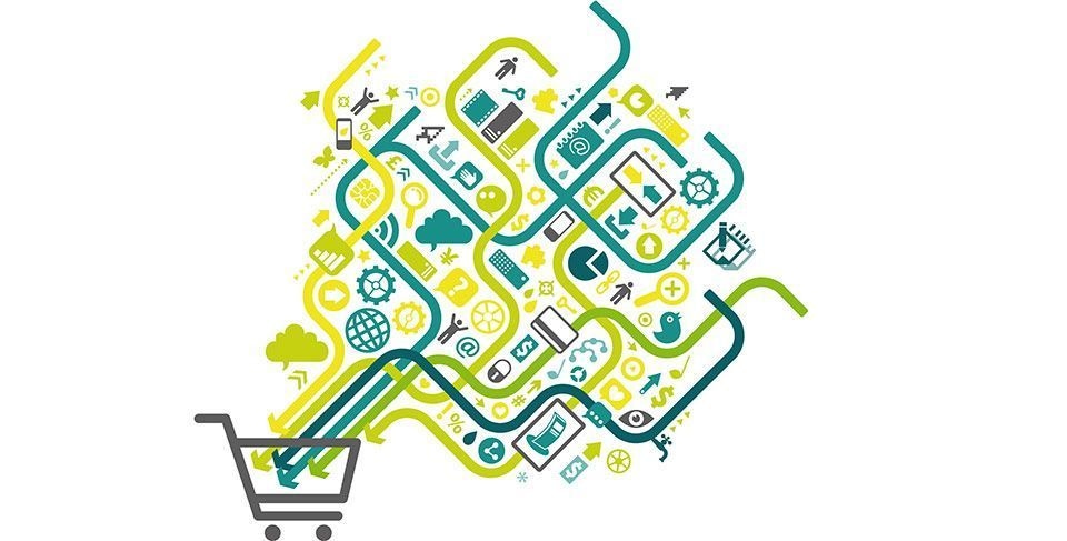 Graphic with shopping cart and omnichannel representation