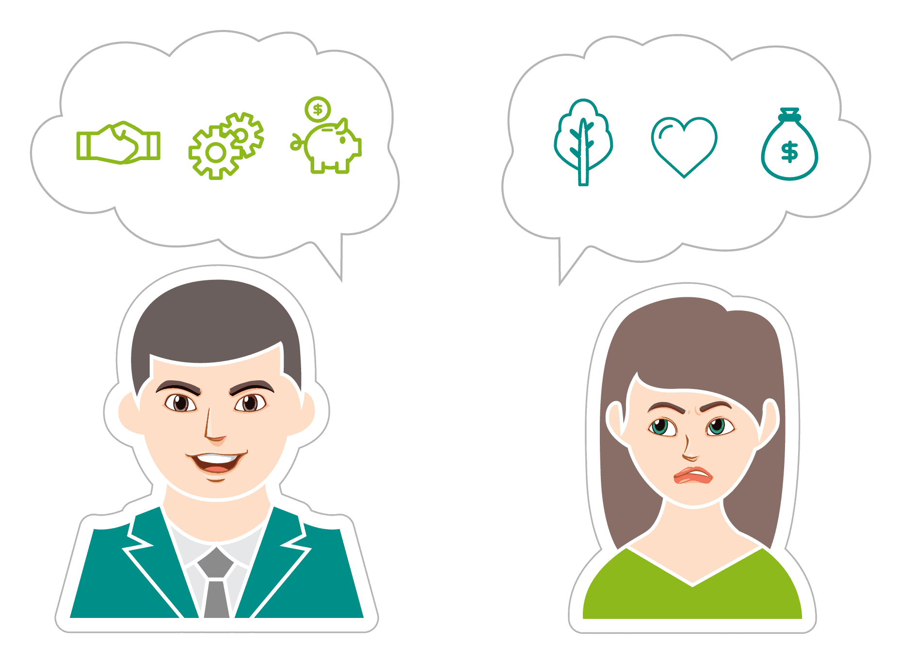 Grafik zweier Businesspartner mit unterschiedlichen Gedanken in Gedankenblasen