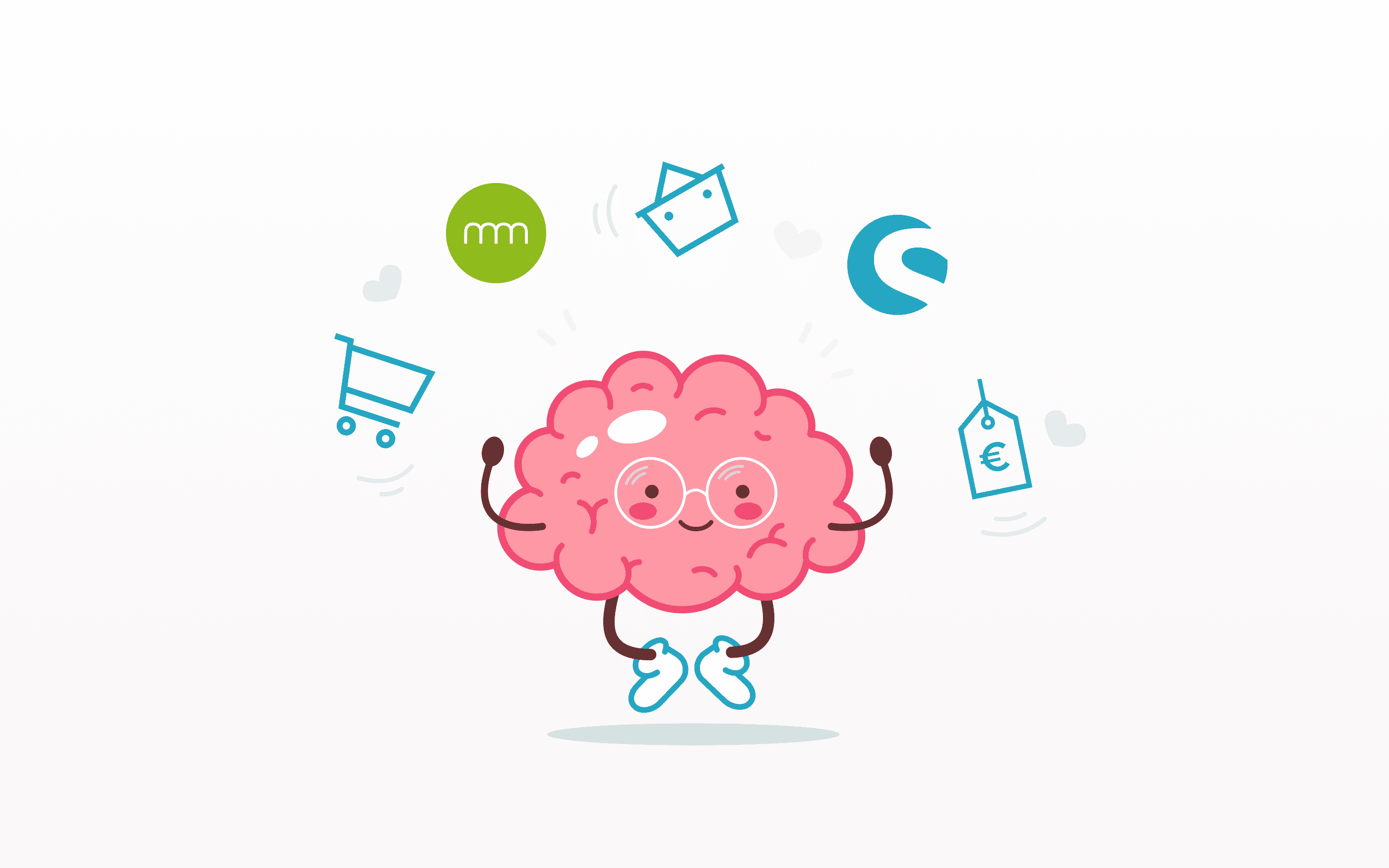 Illustration of a friendly, pink brain with arms and legs juggling several symbols, including a shopping cart, a price tag with a euro symbol, an envelope, hearts, and brand logos. The graphic symbolizes psychological factors, purchasing decisions, and conversion optimization.