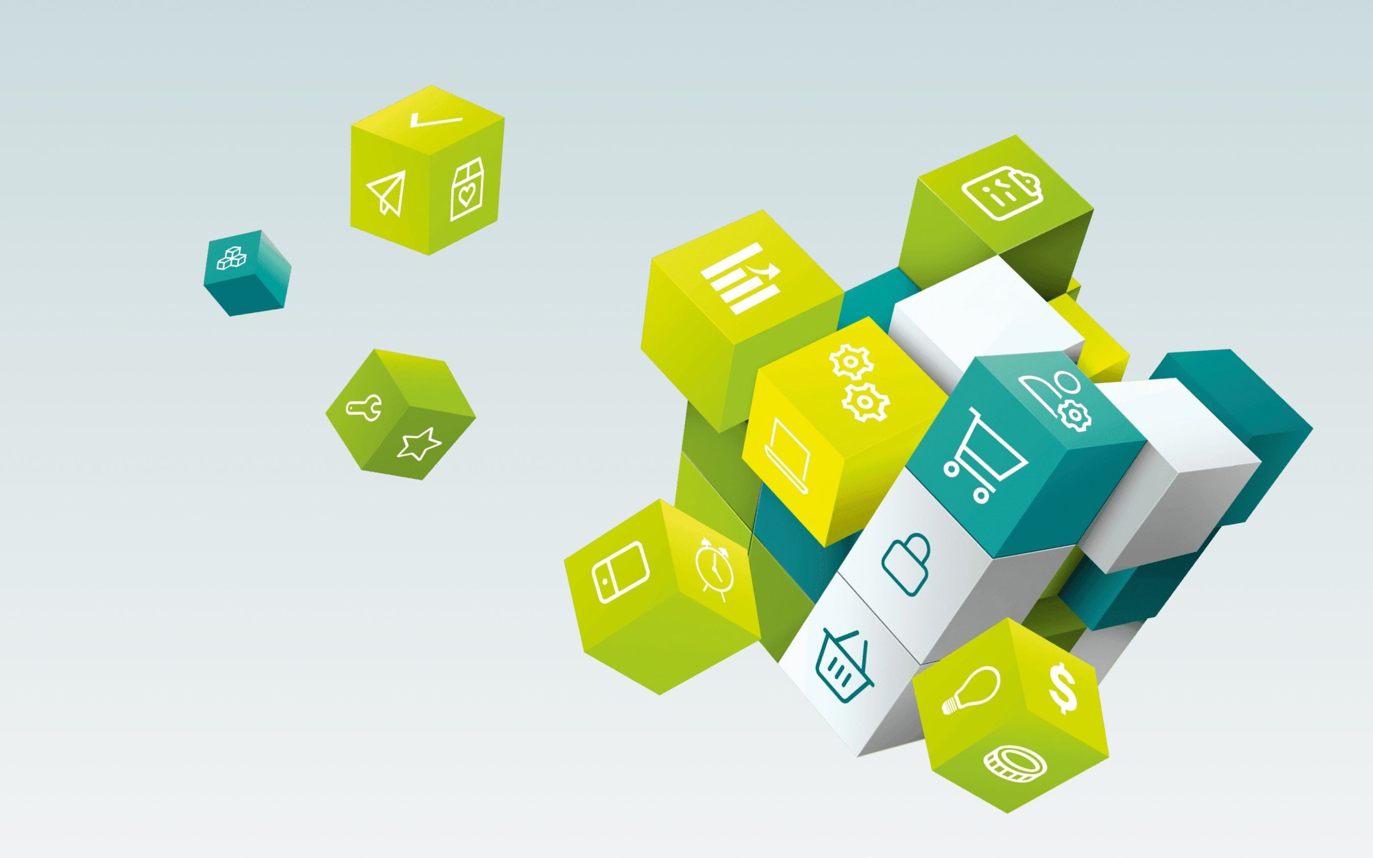 Bunte 3D‑Würfel mit Symbolen für E‑Commerce, Daten und Prozesse, die miteinander verbunden sind und ein digitales Produktdaten‑Ökosystem darstellen.